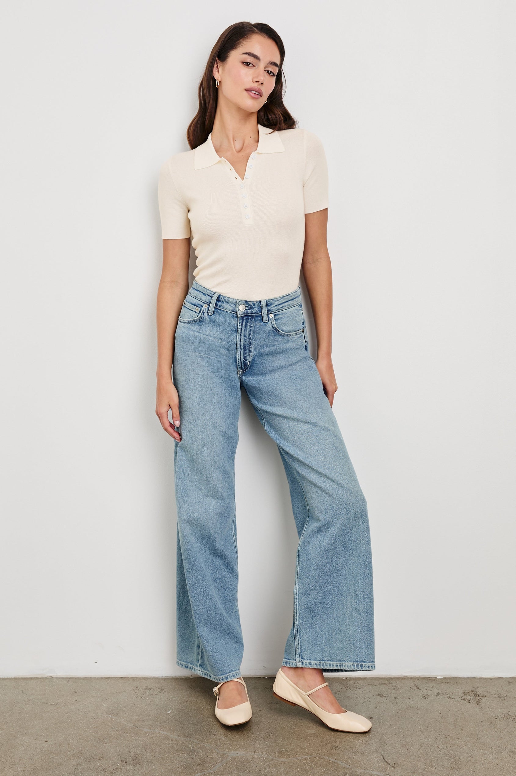 Court Polo Ribbed Knit Short Sleeve Top In Colorway White - Full Front Body View Featured On Model