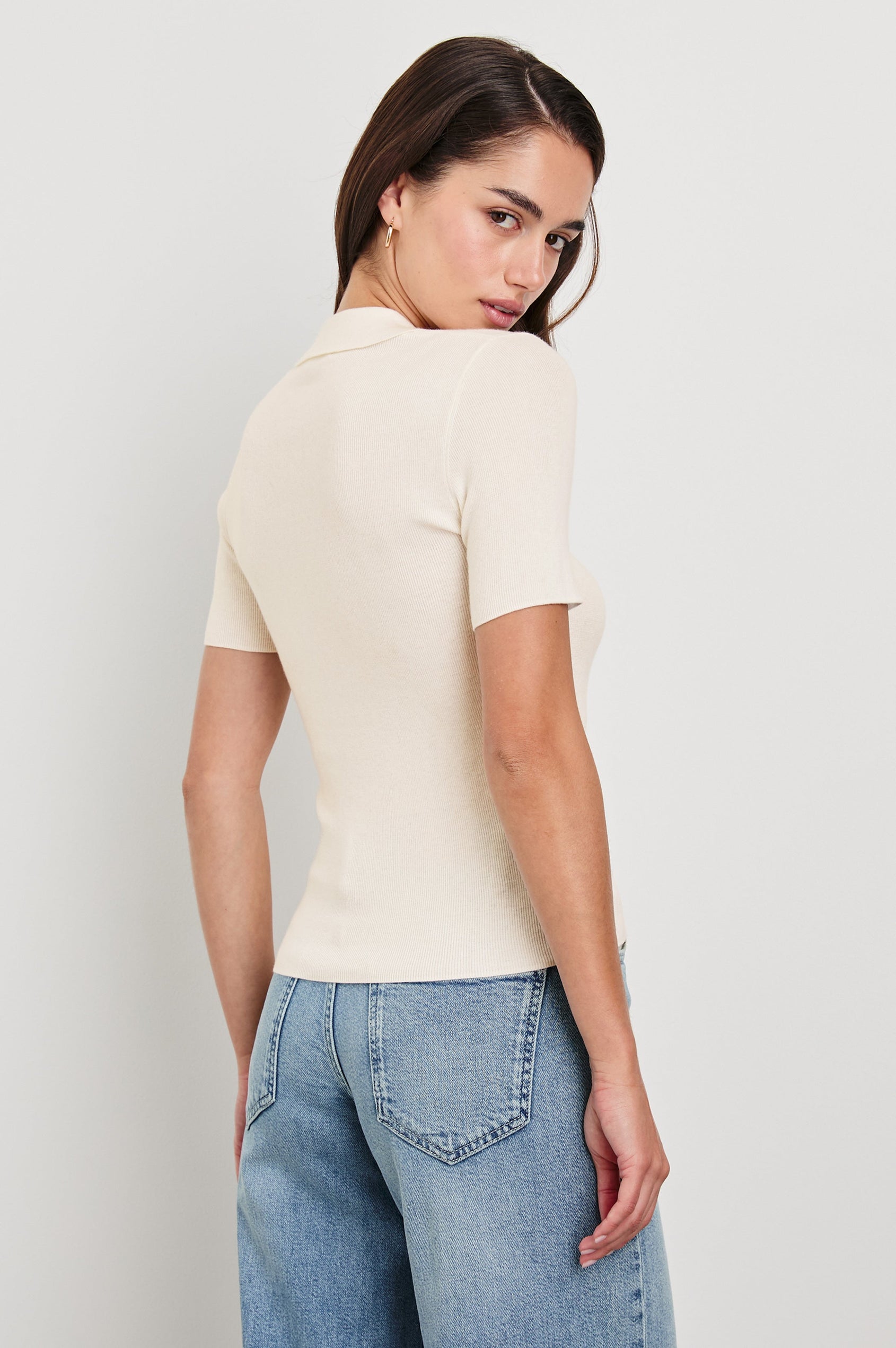Court Polo Ribbed Knit Short Sleeve Top In Colorway White - Back View Featured On Model