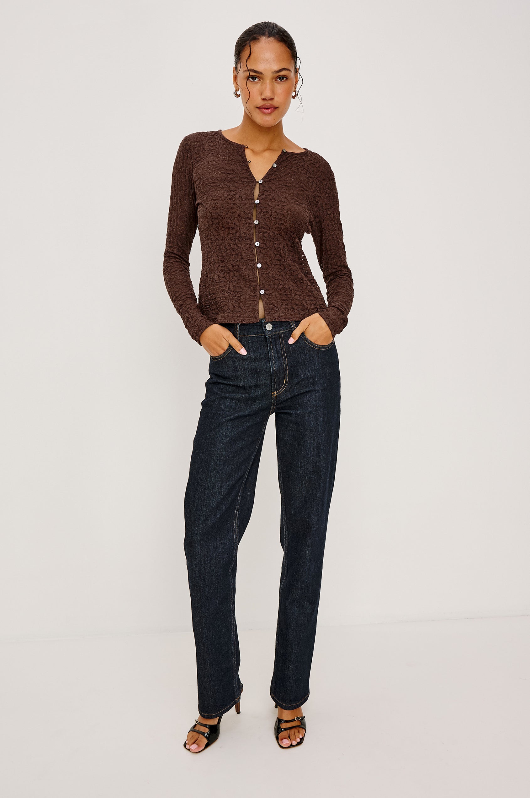 Cyrah Cardigan in Sheer Stretch Lace With Fitted Long Sleeves, and Front Button-and-Loop Closures in Walnut Colorway - Full Body Front View Featured on Model