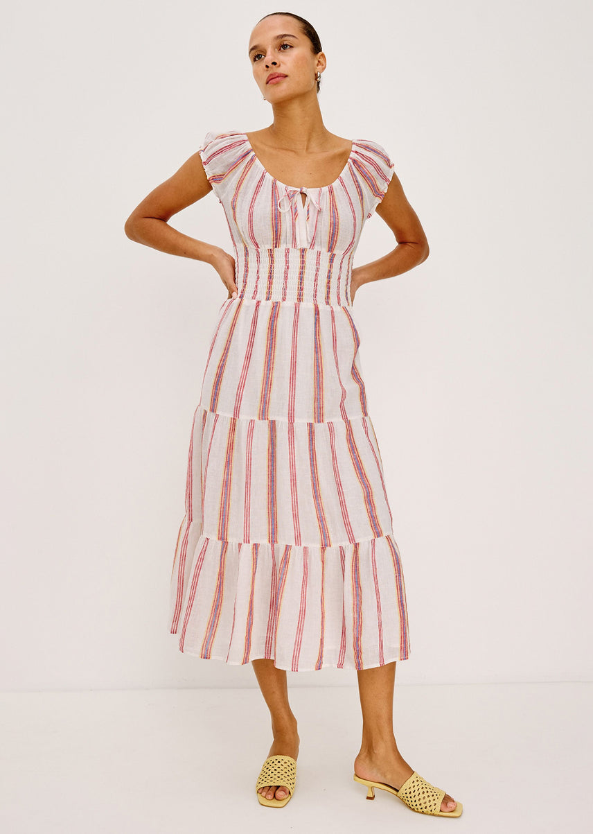 Woman wearing a red and white striped dress on a white background