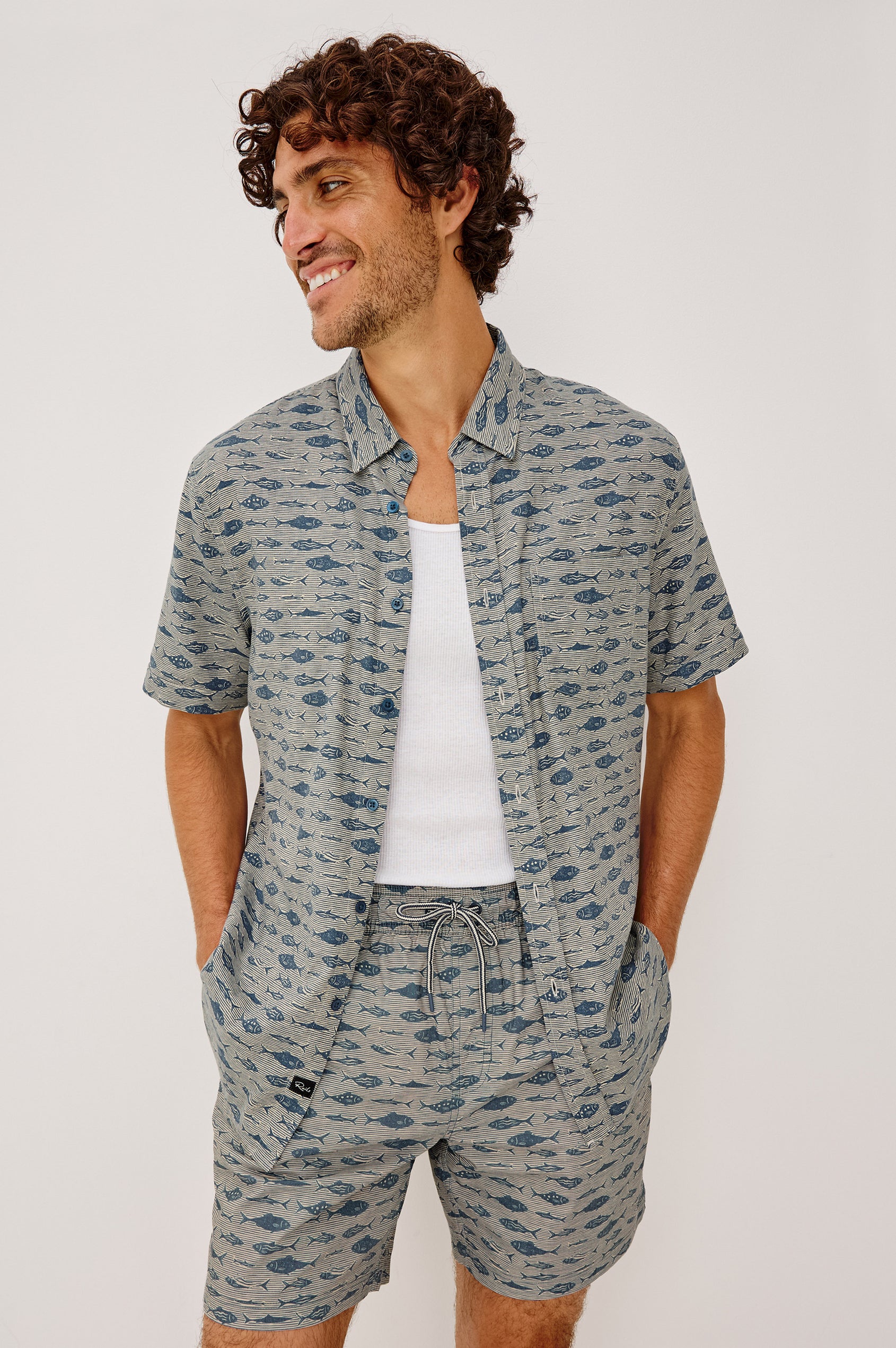 Dane Short in Lightweight Seersucker With Collar, Chest Patch Pocket, Short Sleeves, and Classic Fit in Vintage Aquarium Etch Batik Colorway - Upper Body Front View Featured on Model