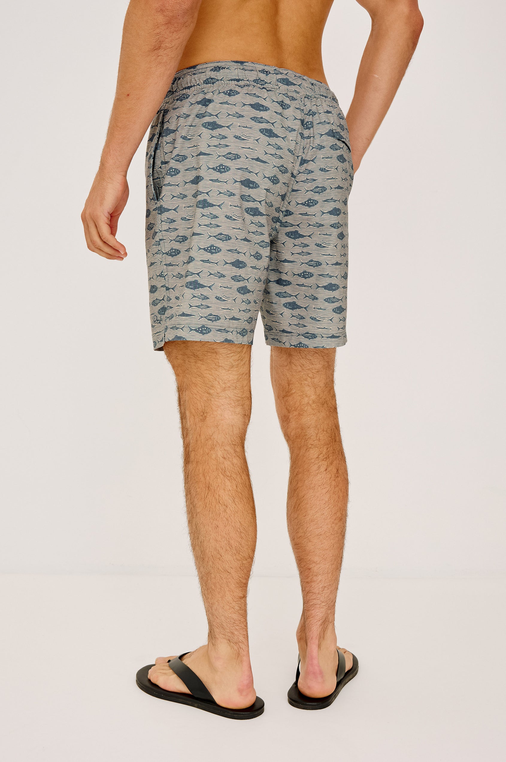 Dane Swim Short in Stretch Cotton Poly Blend With Drawstring Waist Ties, Relaxed Fit, Side Pockets, and Back Zip Welt Pocket in Vintage Aquarium Etch Colorway - Lower Body Back View Featured on Model