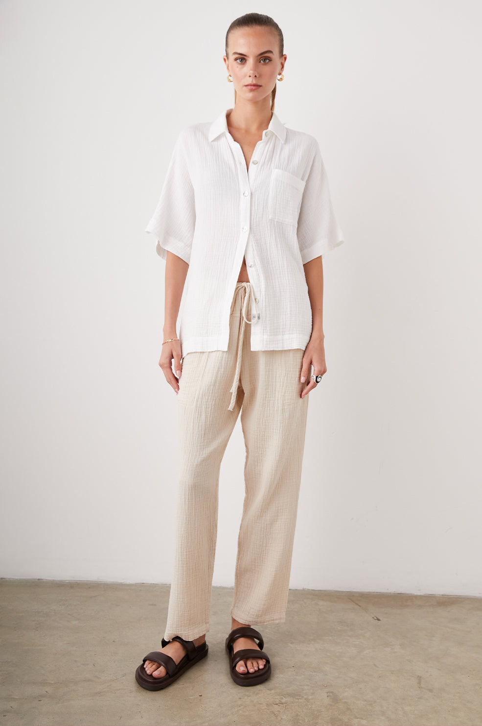 DARBY PANT FLAX - FRONT FULL BODY BUTTONED UP