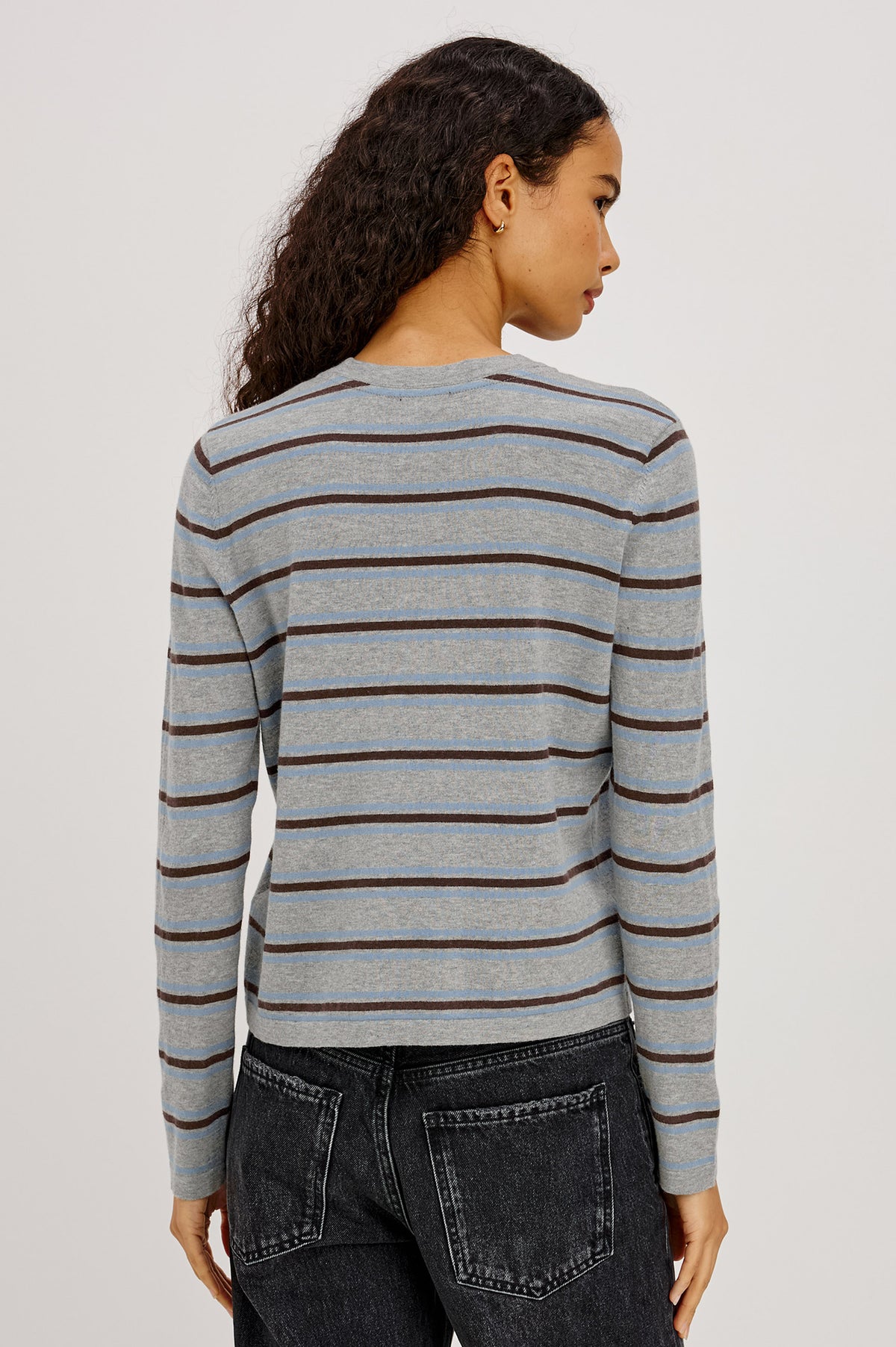 Cotton Cashmere Long Sleeve T-Shirt With Slim Fit, Ribbed Crew Neck, Cuffs, and Hem, and Long Sleeves in Heather Sky Colorway - Upper Body Back View Featured on Model