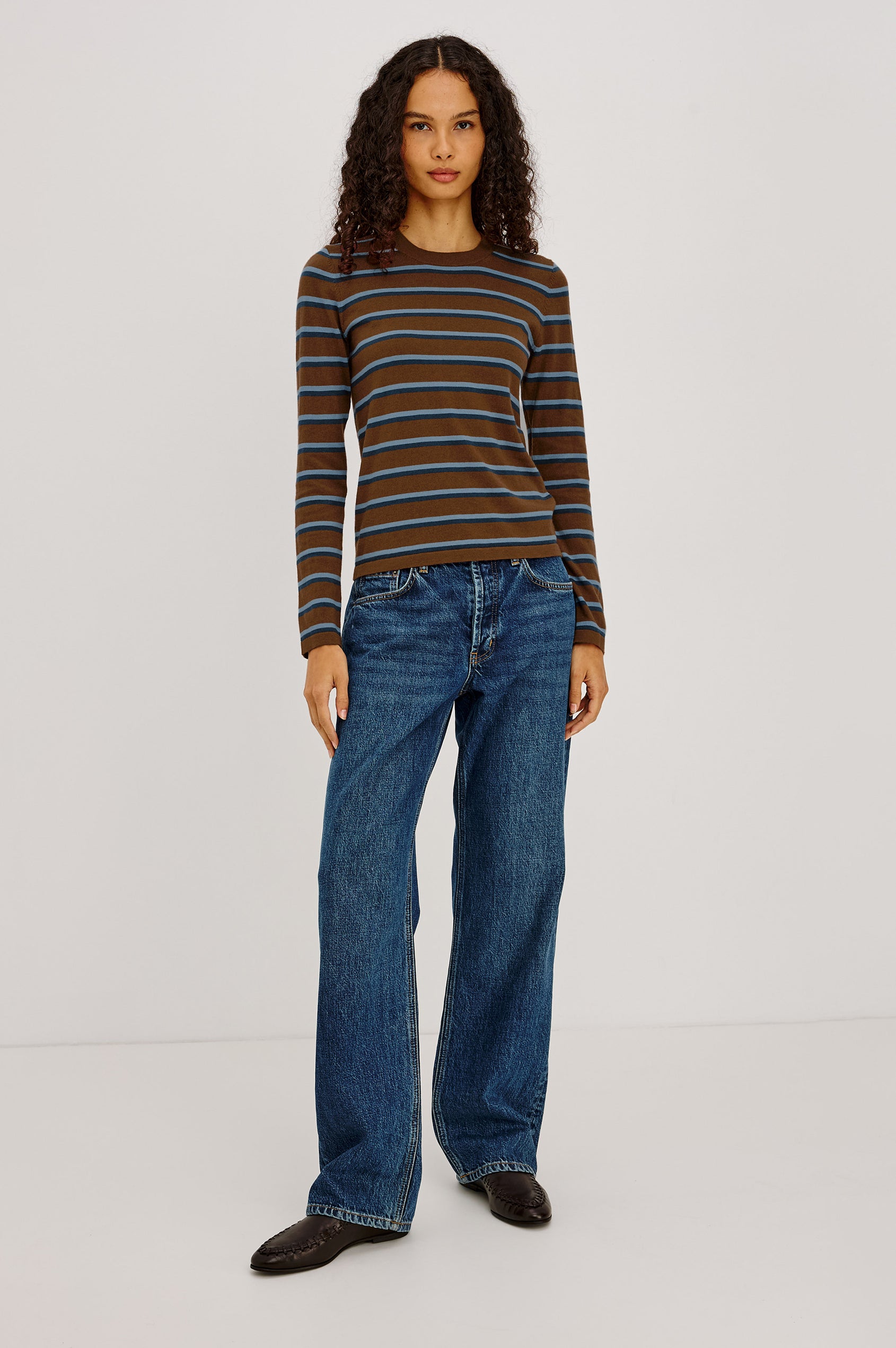 Davie Top in Cotton-Cashmere Blend With Slim Fit, Ribbed Crew Neck, Cuffs, and Hem, and Long Sleeves in Mocha Stripe Colorway - Full Body Front View Featured on Model