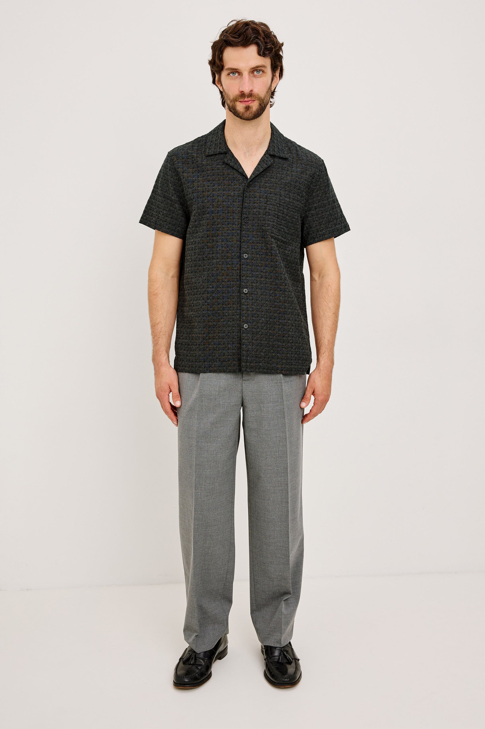 Davis Shirt in Cotton-Hemp Blend With Short Sleeves, Collar, Front Buttons, and Classic Fit in Midnight Jupe Colorway - Full Body Front View Featured on Model