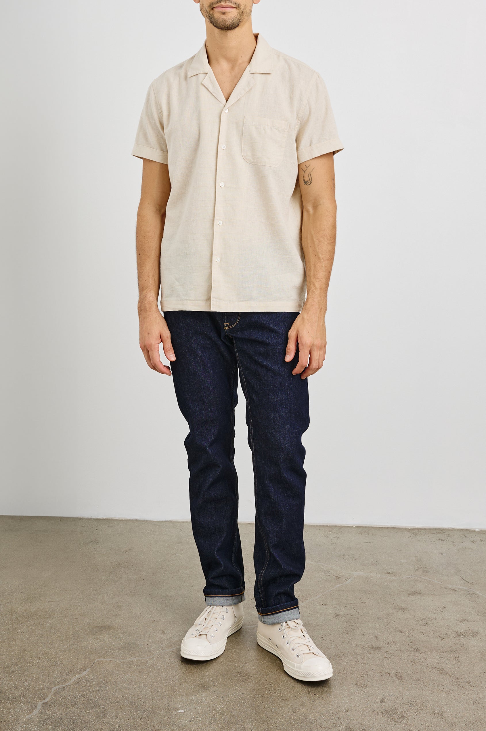 Davis Short Sleeve Button Up with a Chest Patch Pocket, Rolled Cuffs and Textured Horizontal Stripes in Nougat Colorway - Front Full Body View Featured on Model