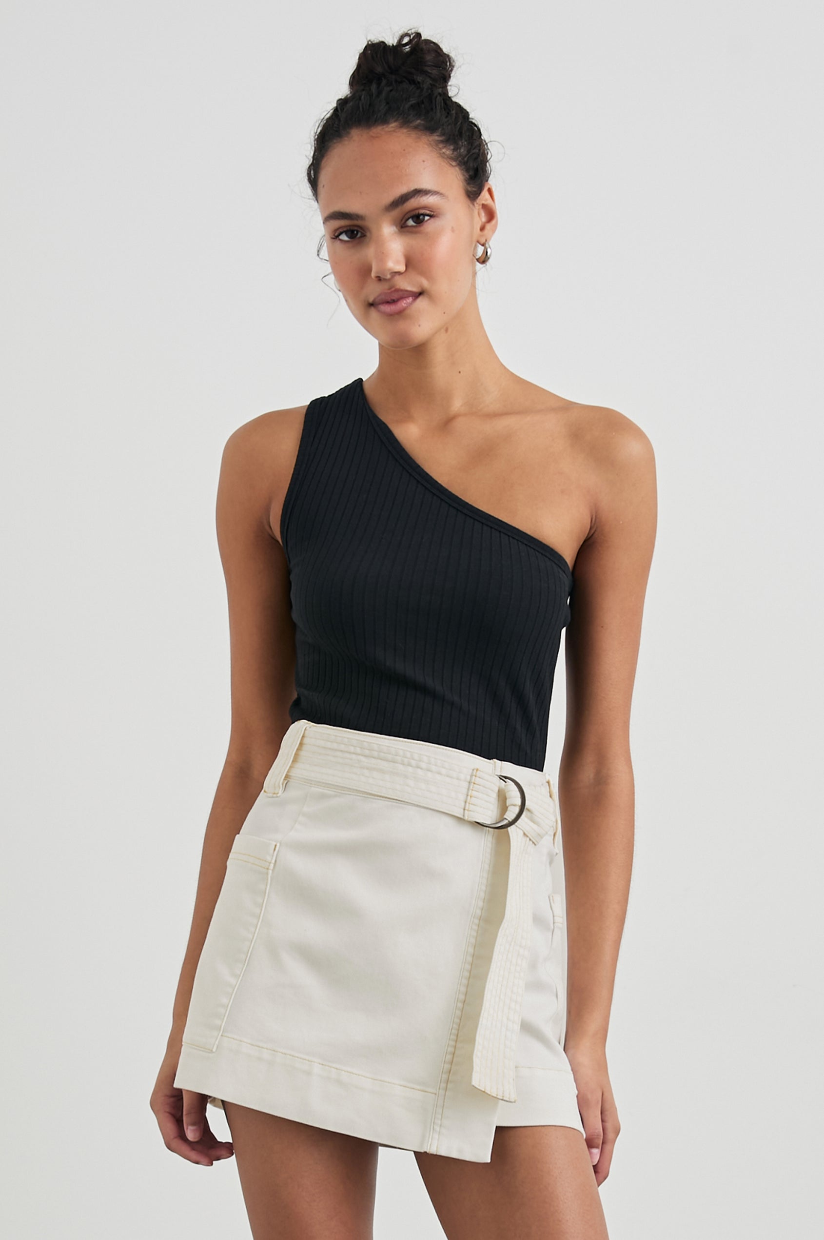 Deanna Mini Wrap Skirt with Fabric Belt and Two Side Pockets in Vintage Ecru Contrast Stitch Colorway, with stitching in camel - Front View Featured on Model