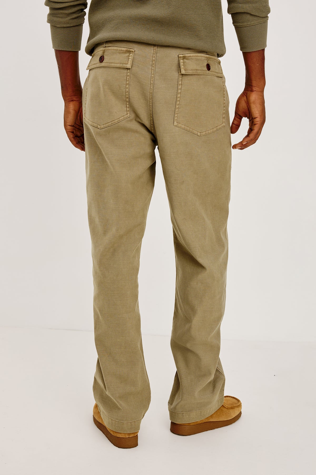Decker Relaxed Straight Leg Workwear Pant in Stretch Cotton With Lived-In Wash, Zip Fly, and Side and Back Buttoned-Flap Pockets in Terra Colorway - Lower Body Back View Featured on Model