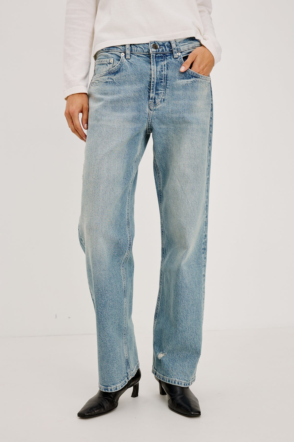 Del Mar Boyfriend Jean in Rigid Drapey Denim With Low-Slung Fit, Wide Relaxed Legs, 5-Pockets, and Button Fly in Archive Colorway - Full body front view featured on model.