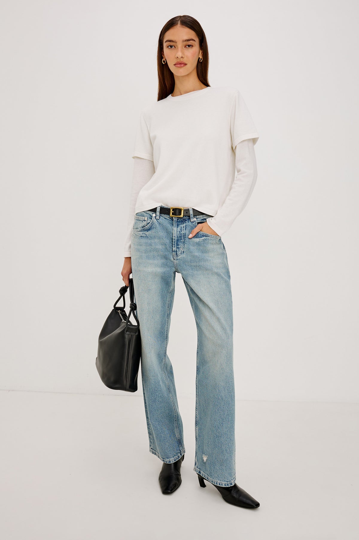 Del Mar Boyfriend Jean in Rigid Drapey Denim With Low-Slung Fit, Wide Relaxed Legs, 5-Pockets, and Button Fly in Archive Colorway - Full body front view featured on model.