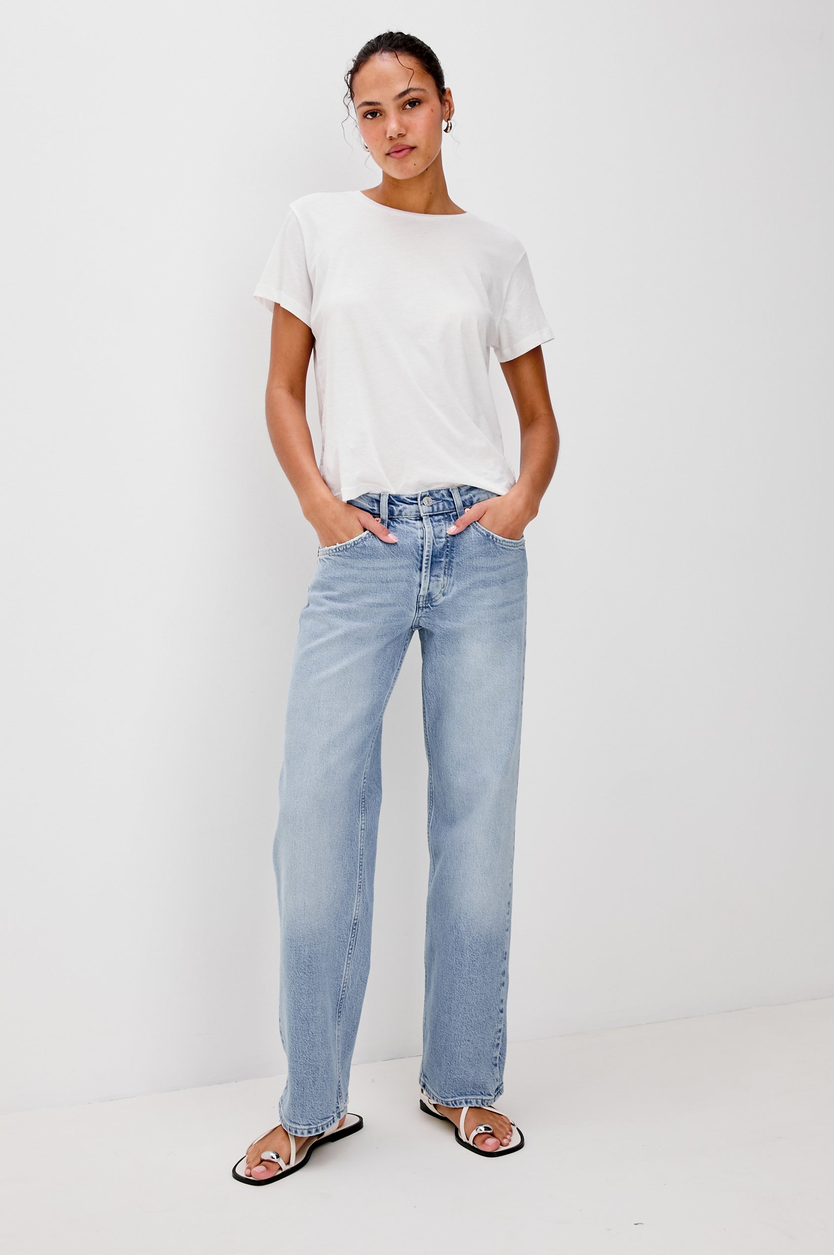 Del Mar Low-Rise Wide Straight Leg Jean in Vintage-Inspired Wash With Relaxed Fit in Jasper Colorway - Lower Body Back Close Up View Featured on Model