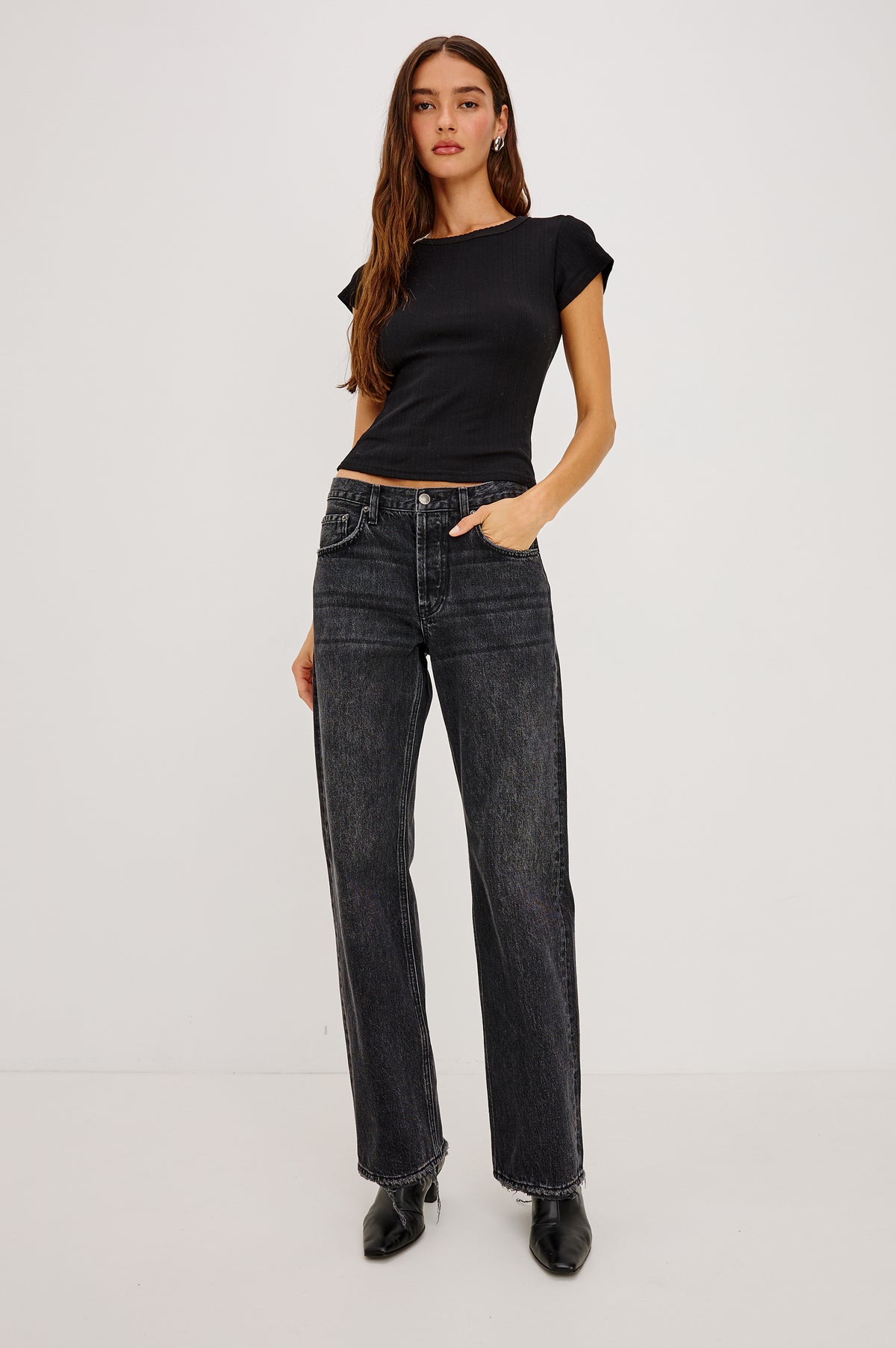 Del Mar Boyfriend Jean in Rigid Drapey Denim With Low-Slung Fit, Wide Relaxed Legs, 5-Pockets, and Button Fly in Nigh Cap ColorwayUpper Body Front View Featured on Model.