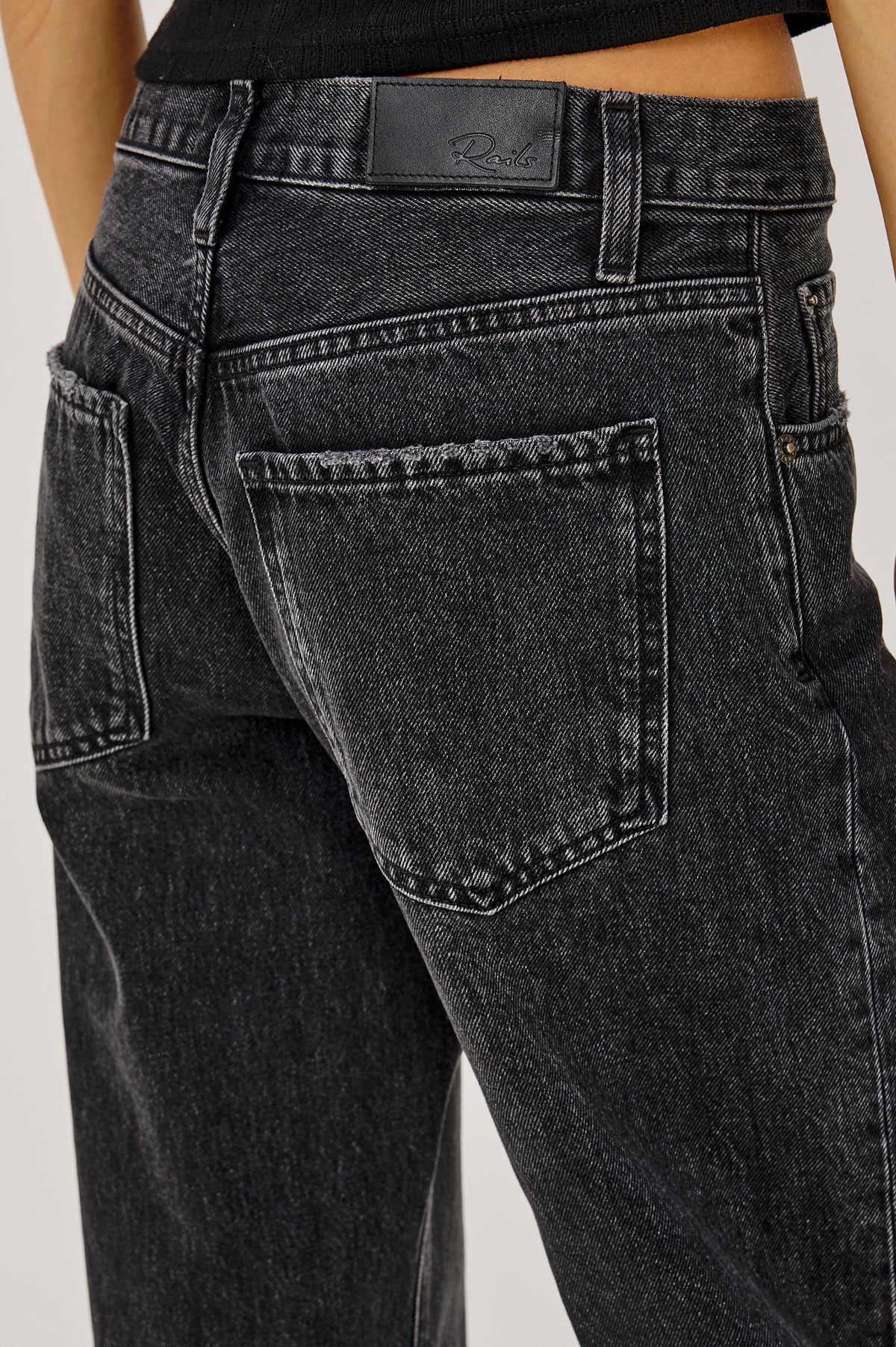Del Mar Boyfriend Jean in Rigid Drapey Denim With Low-Slung Fit, Wide Relaxed Legs, 5-Pockets, and Button Fly in Nigh Cap ColorwayUpper Body Front Detail View Featured on Model.
