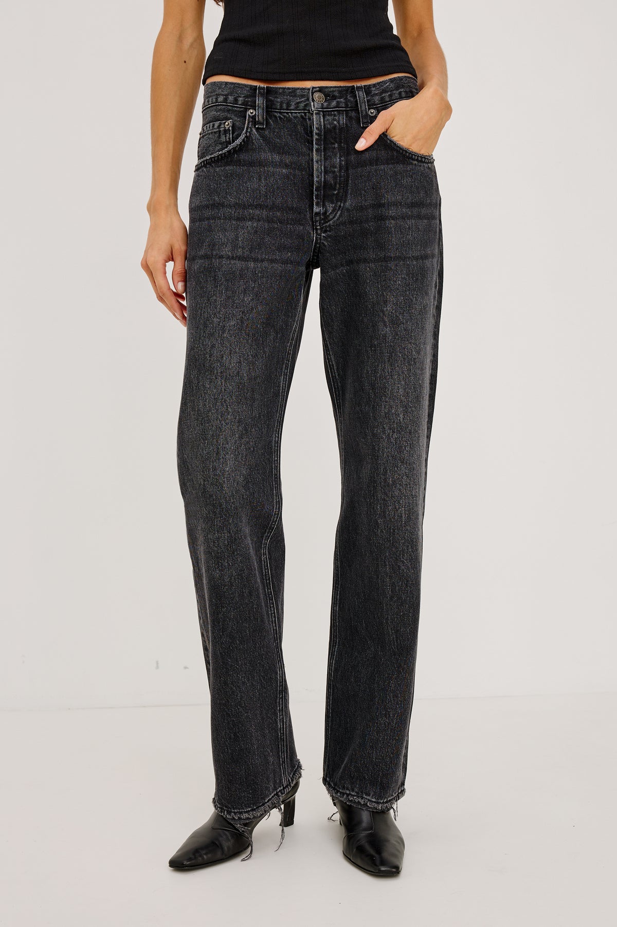 Del Mar Boyfriend Jean in Rigid Drapey Denim With Low-Slung Fit, Wide Relaxed Legs, 5-Pockets, and Button Fly in Nigh Cap ColorwayFront View Featured on Model.
