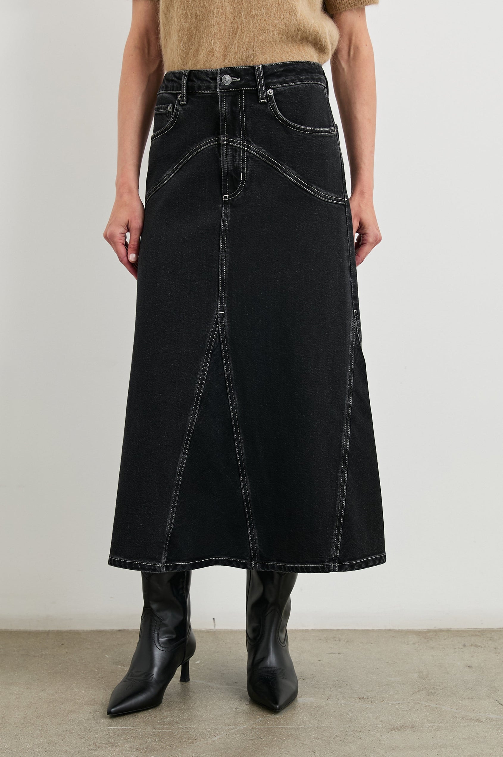 Del Rey Denim Midi Skirt with Western-Style Seams, Belt Loops, Two Front Pockets and Two Back Patch Pockets in Black Sand Colorway - Front View Featured on Model