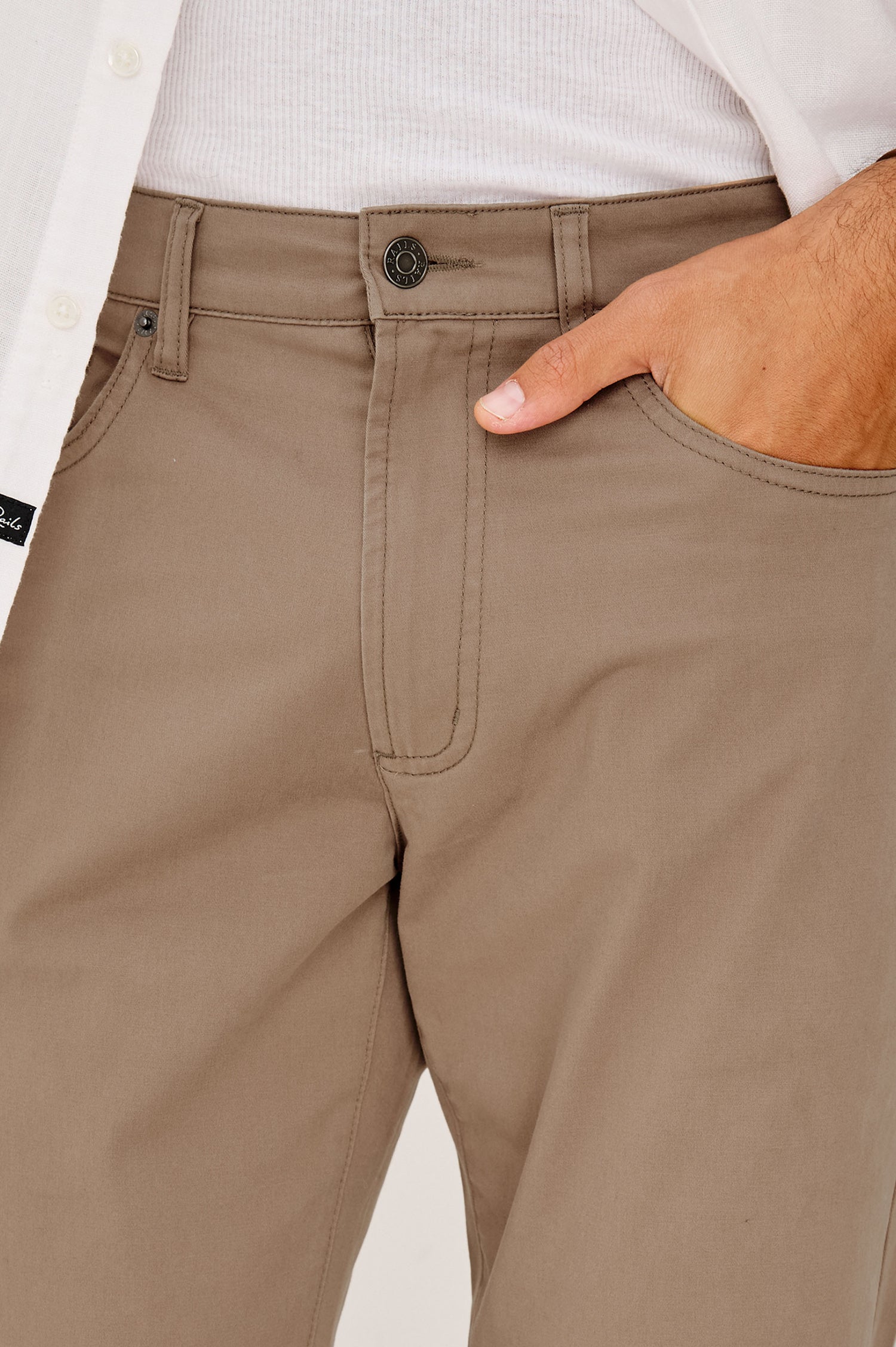 Dempsey Slim Straight Pant in Cotton Stretch With Front Zip Fly, 5-Pockets, and Belt Loops in Cacao Colorway - Lower Body Front View Featured on Model