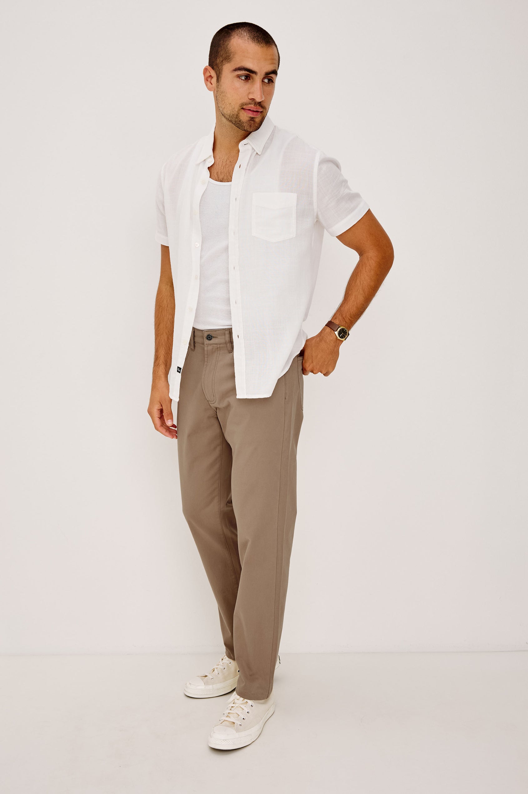 Dempsey Slim Straight Pant in Cotton Stretch With Front Zip Fly, 5-Pockets, and Belt Loops in Cacao Colorway - Full Body Front View Featured on Model