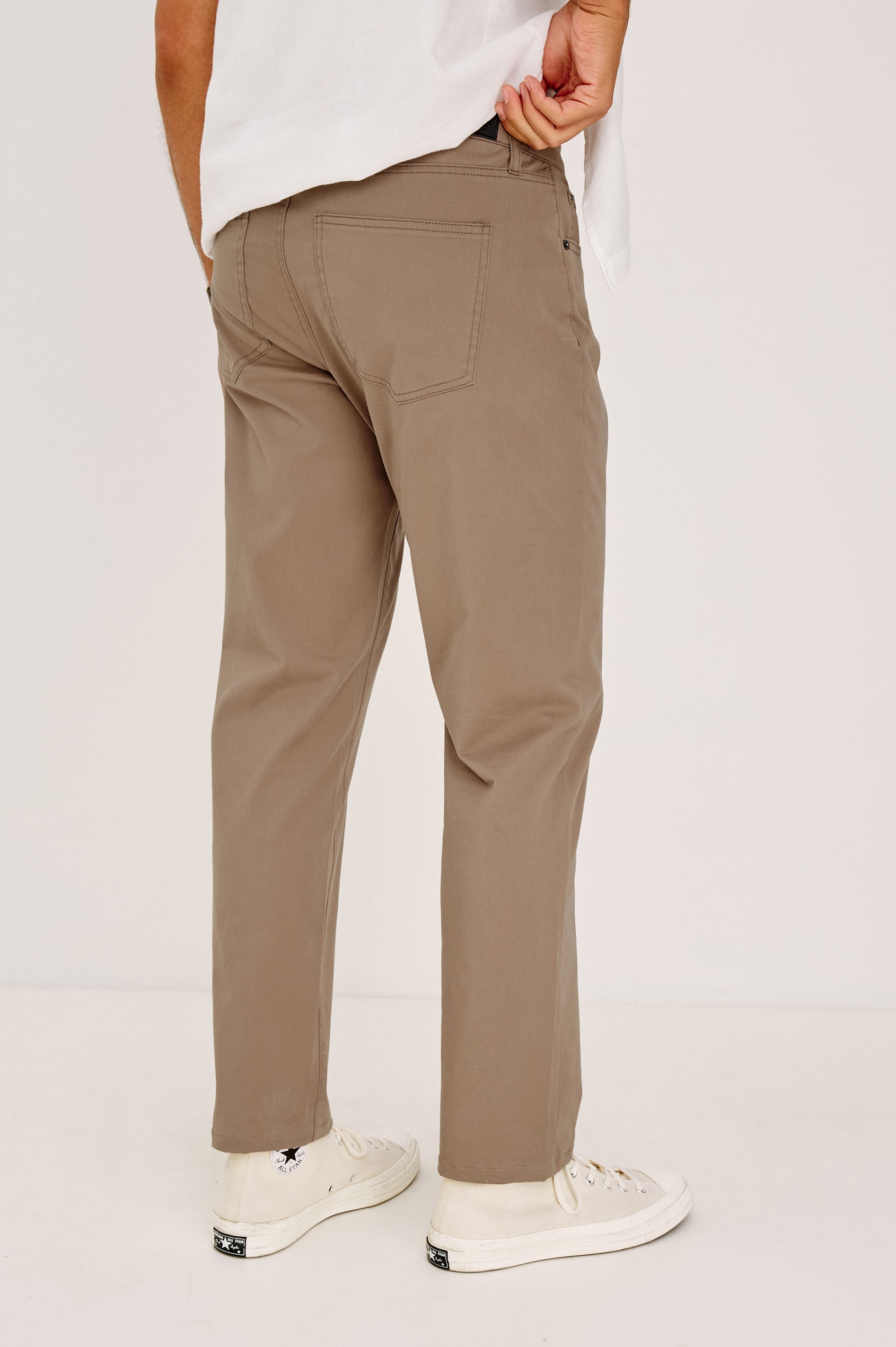 Dempsey Slim Straight Pant in Cotton Stretch With Front Zip Fly, 5-Pockets, and Belt Loops in Cacao Colorway - Lower Body Front View Featured on Model