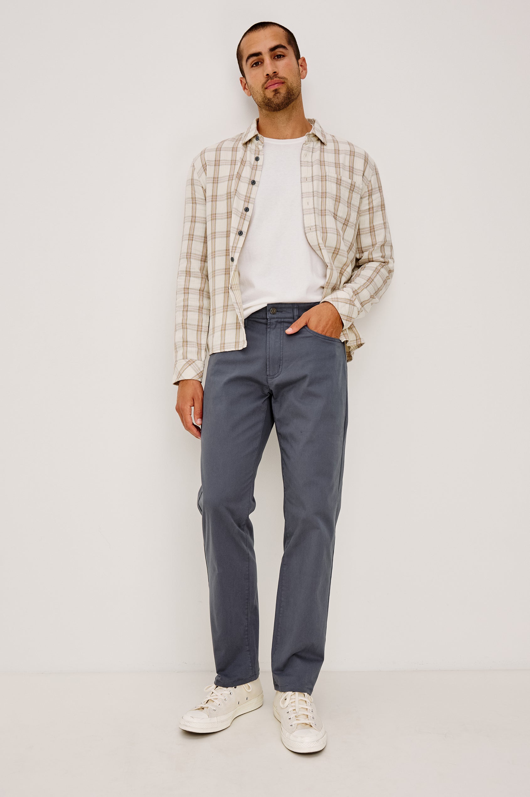 Dempsey Slim Straight Pant in Cotton Stretch With Front Zip Fly, 5-Pockets, and Belt Loops in Ensign Blue Colorway - Full Body Front View Featured on Model