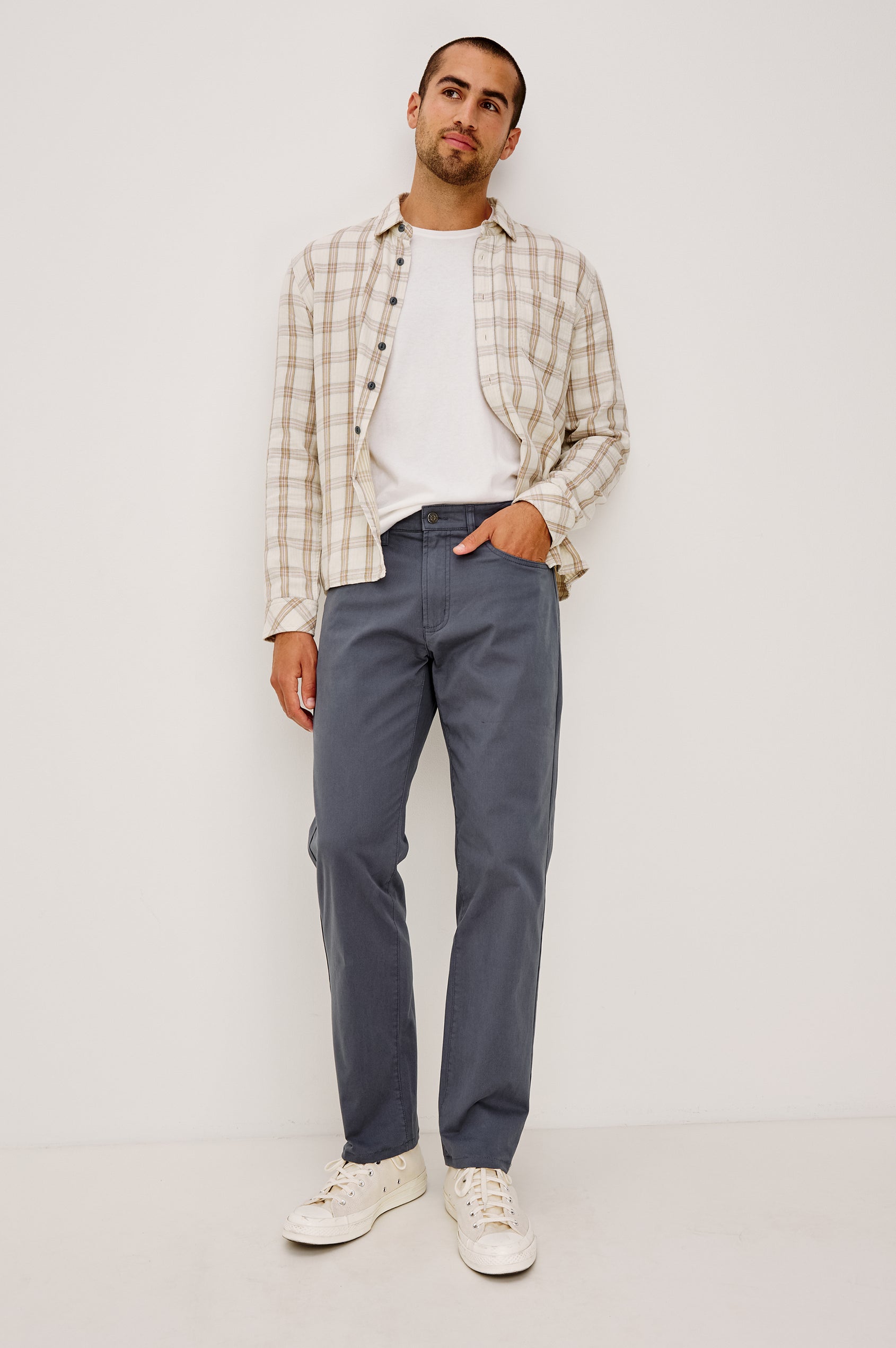 Dempsey Slim Straight Pant in Cotton Stretch With Front Zip Fly, 5-Pockets, and Belt Loops in Ensign Blue Colorway - Full Body Front View Featured on Model