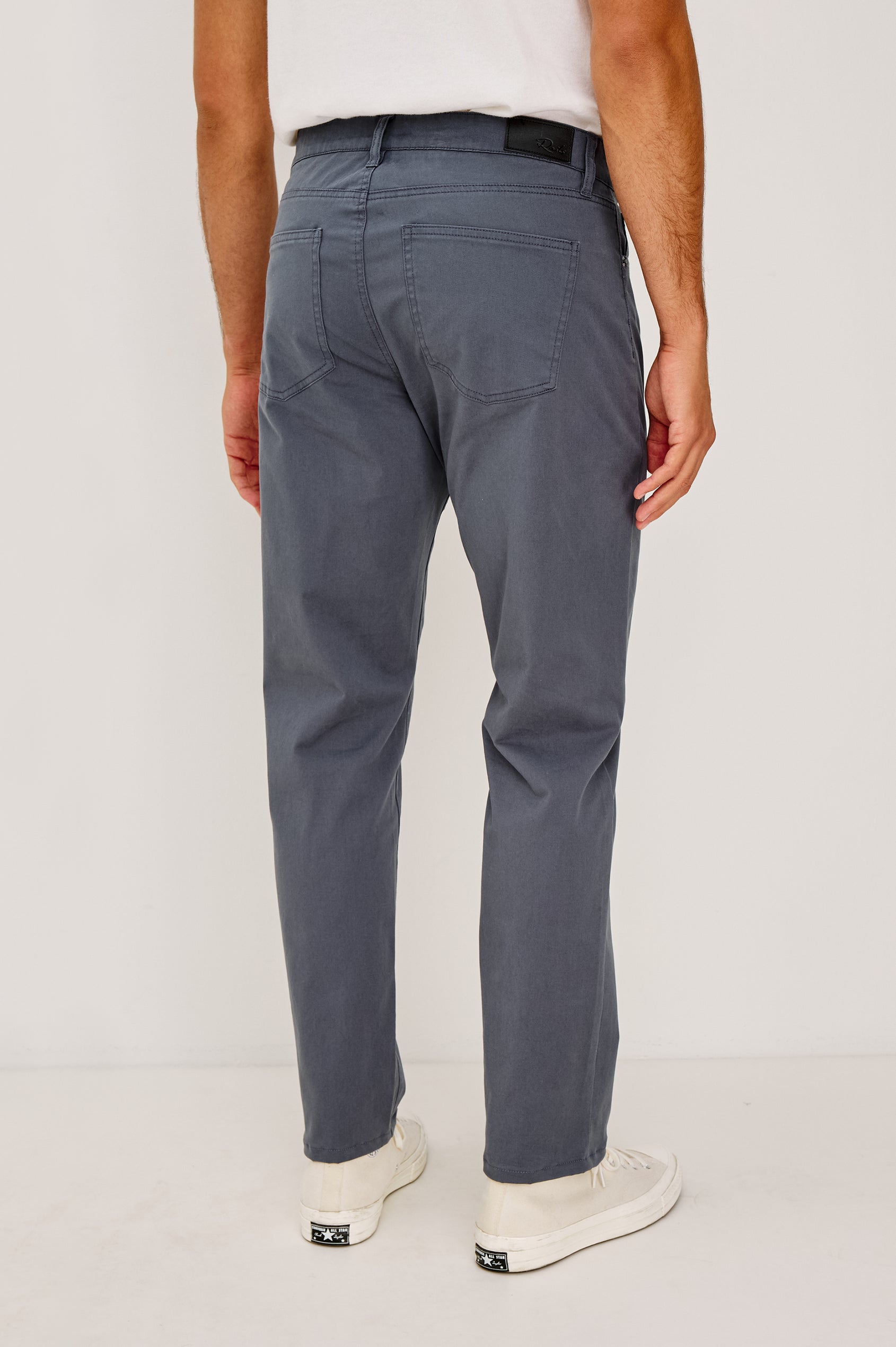 Dempsey Slim Straight Pant in Cotton Stretch With Front Zip Fly, 5-Pockets, and Belt Loops in Ensign Blue Colorway - Lower Body Back View Featured on Model