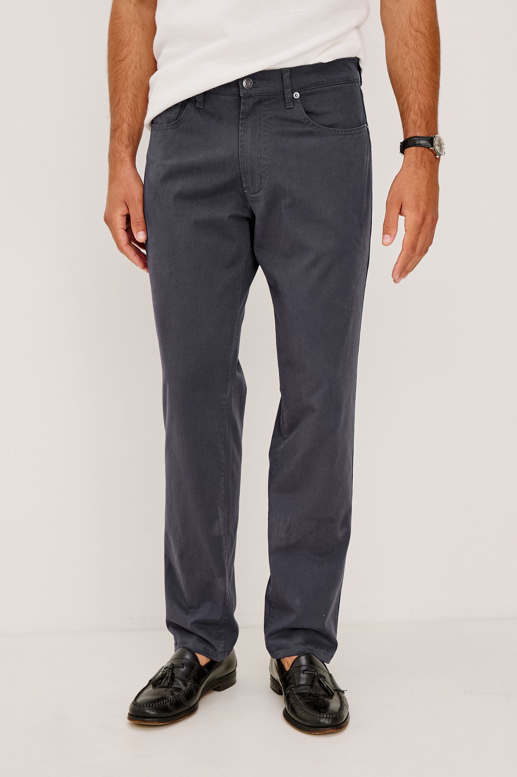 Dempsey Slim Straight Pant in Cotton Stretch With Front Zip Fly, 5-Pockets, and Belt Loops in Faded Grey Colorway - Lower Body Front View Featured on Model