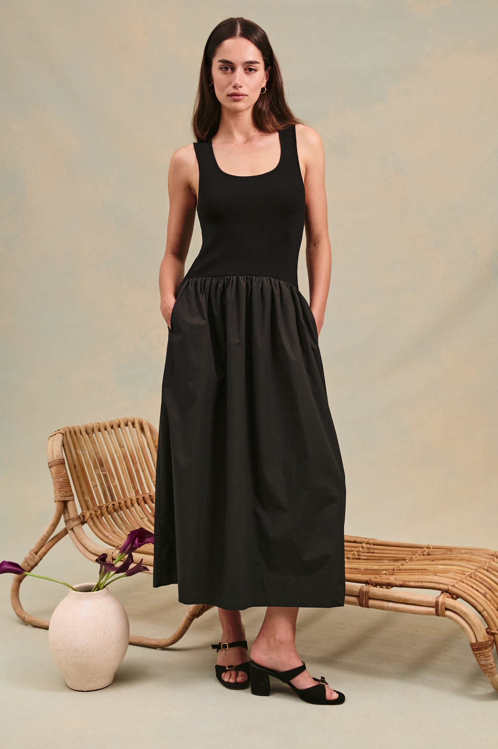Dia tank midi dress with scoop neck and fitted bodice in Black - stylized front view on model