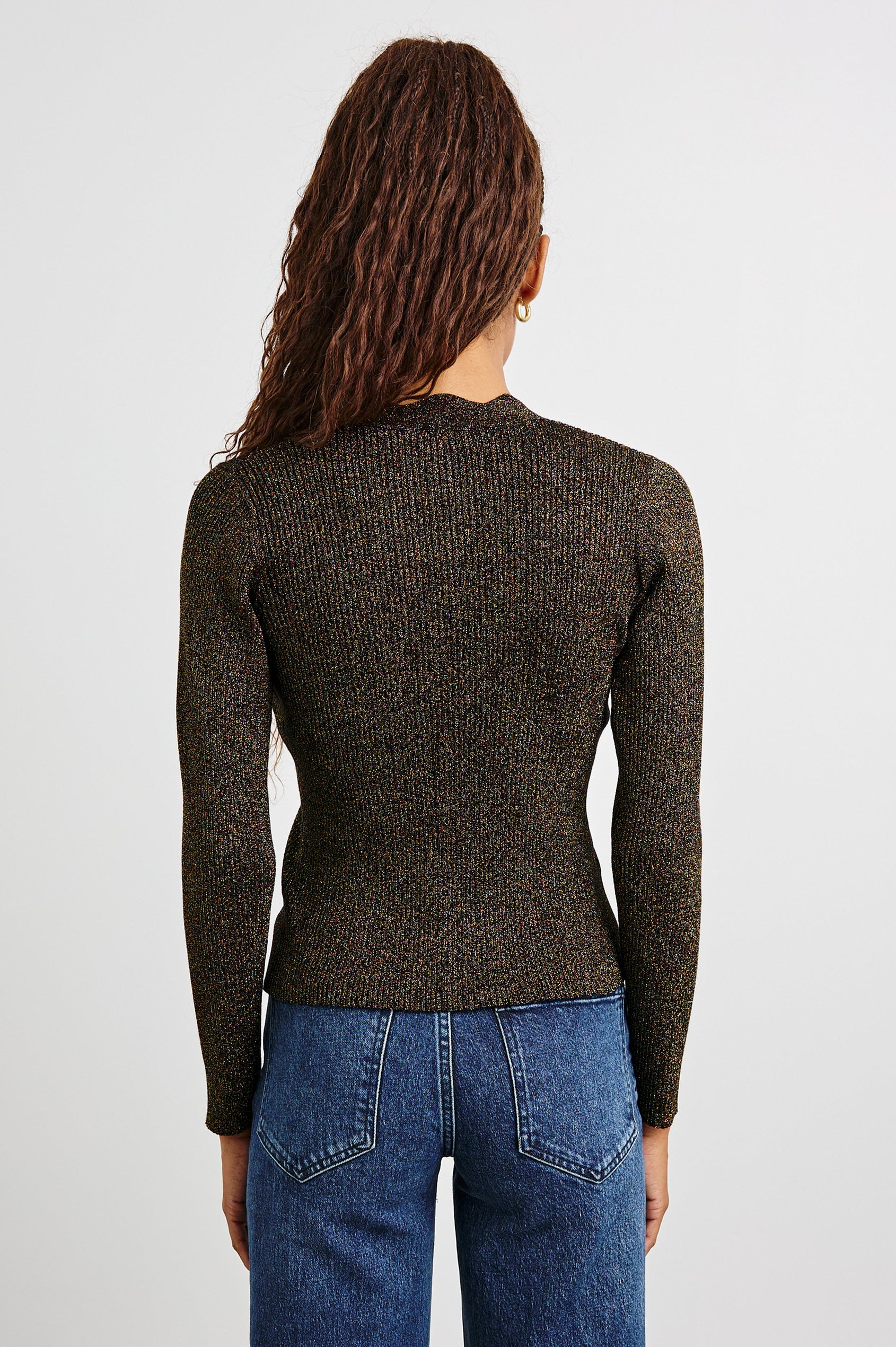 Dita Long-Sleeve Cardigan with Button Closure, a V neck and Scalloped Trim along the Neckline and Closure in Gold Lurex Colorway - Back View Featured on Model