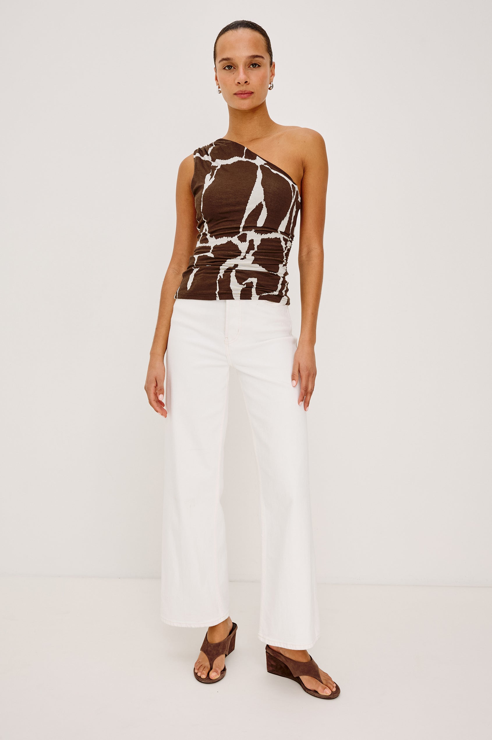 Dorothy Top in Tissue Jersey With One-Shoulder Neckline, Bodycon Fit With Shirring, and Fully Lined - Full Body Front View Featured on Model