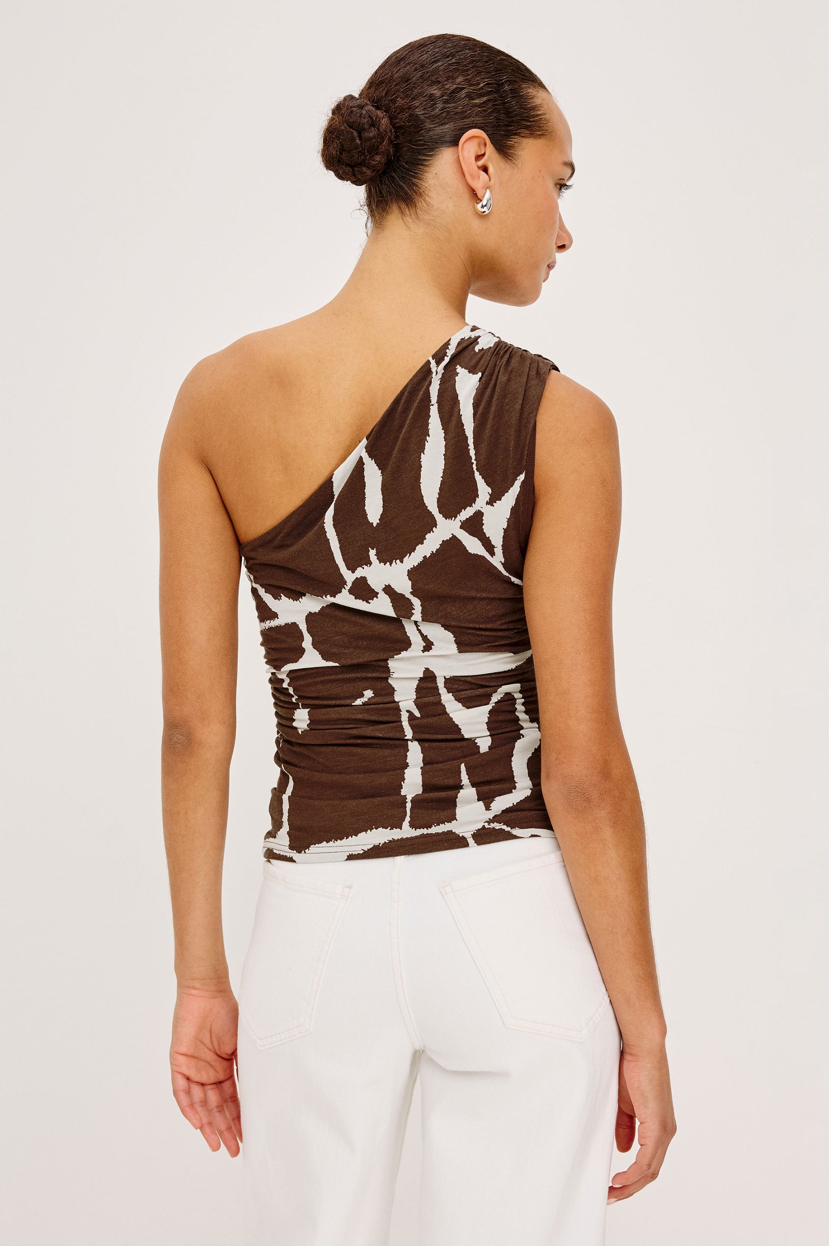 Dorothy Top in Tissue Jersey With One-Shoulder Neckline, Bodycon Fit With Shirring, and Fully Lined - Upper Body Back View Featured on Model