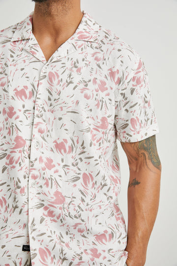 Dresden Short Sleeve Button Up with Rolled Cuffs in Brush Floral White Colorway, Pink and Brown Flowers on White - Front View Featured on Model