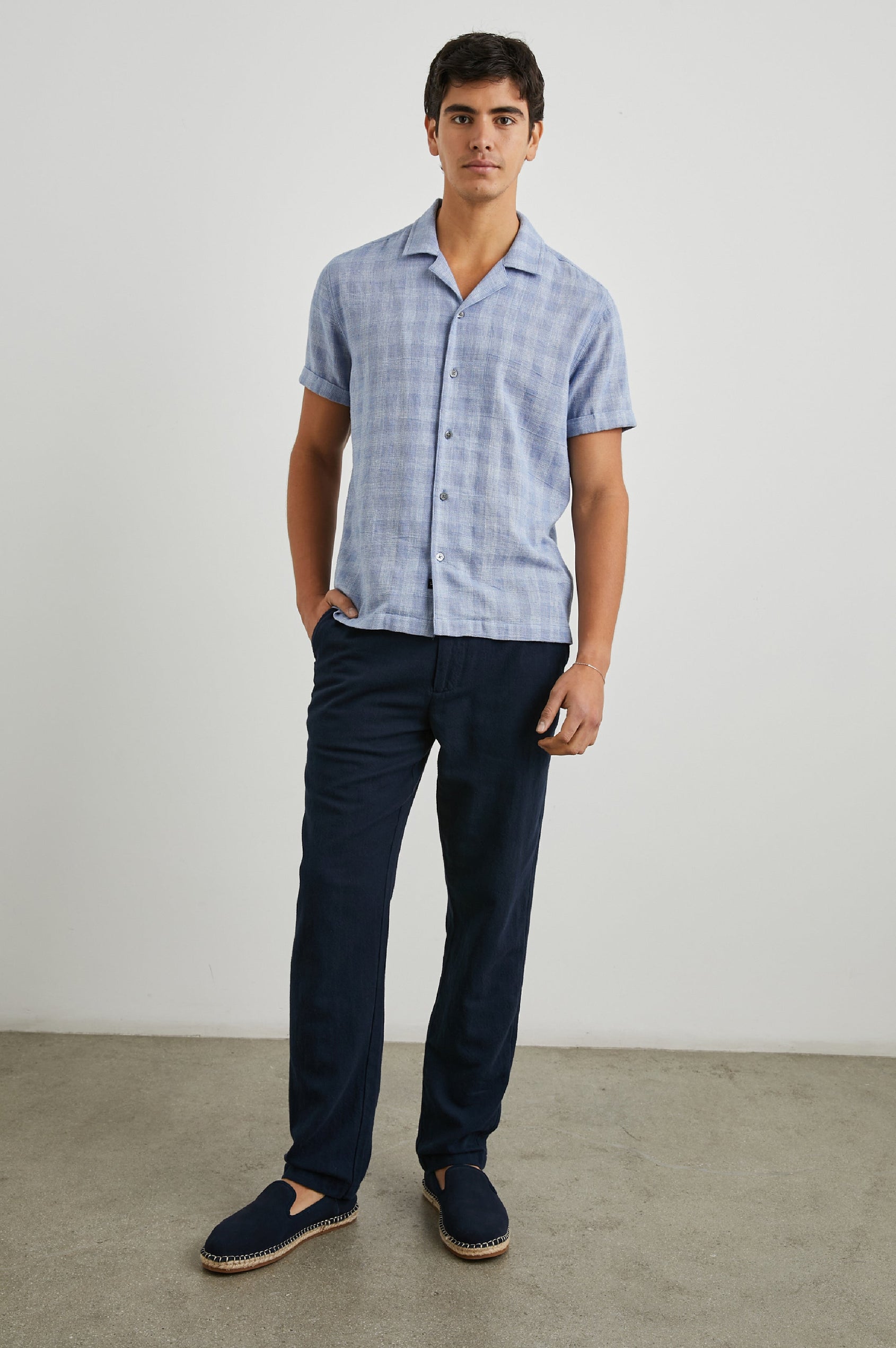 Dresden Short Sleeve Button Up with Rolled Cuffs in Home Spun Blue Gingham Colorway - Front Full Body View Featured on Model