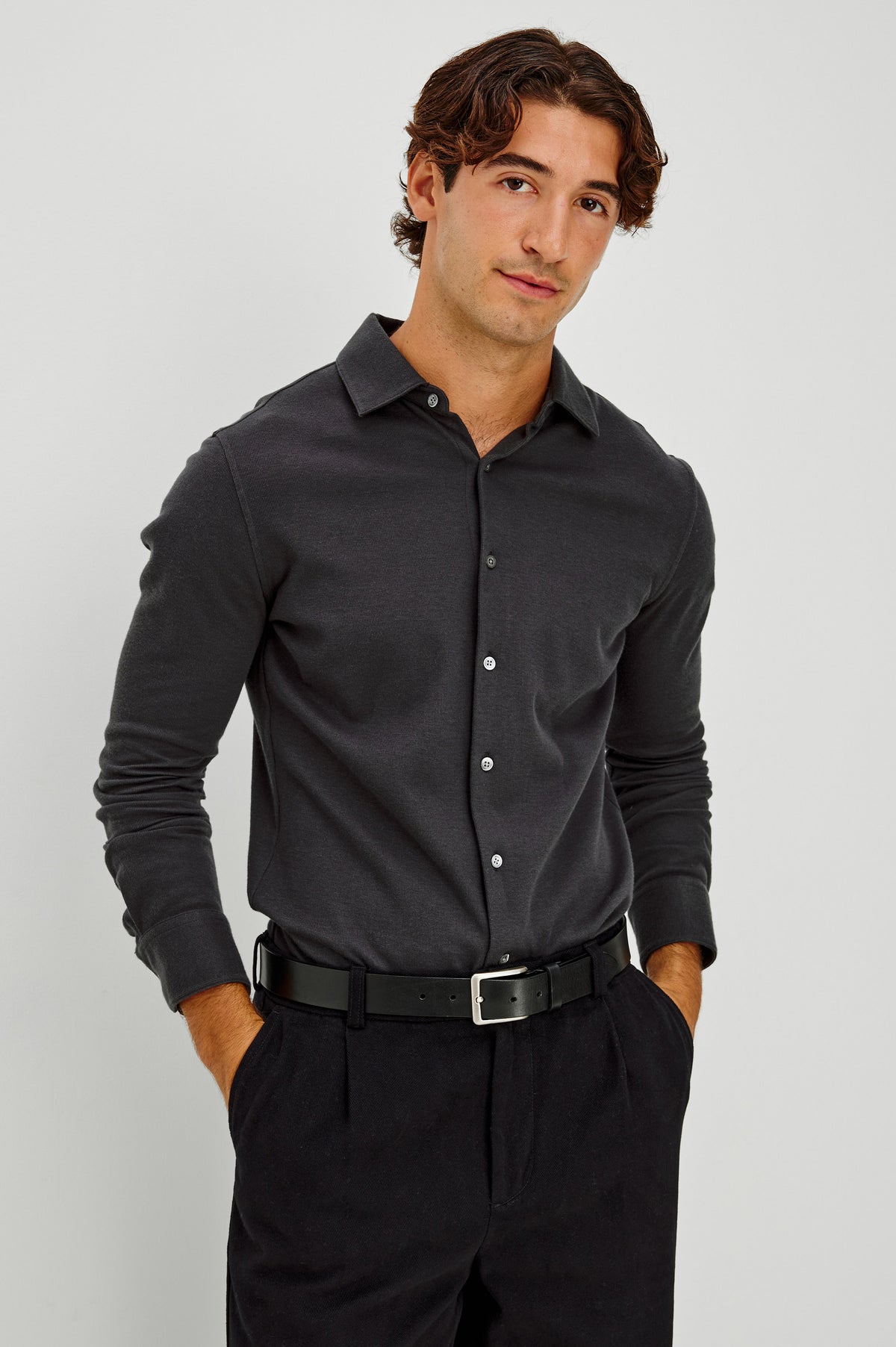 Dunn Shirt in Pique Knit With Front Buttons, Slim Fit, Collar, and Long Sleeves in Shadow Colorway - Front View Featured on Model.