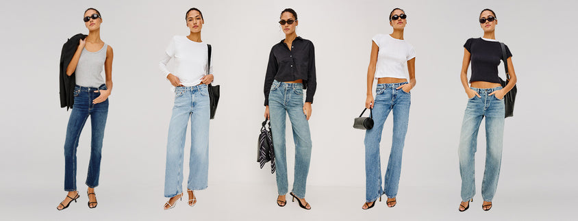 Women wearing different style, fit, and wash of denim in a row, on a white background.