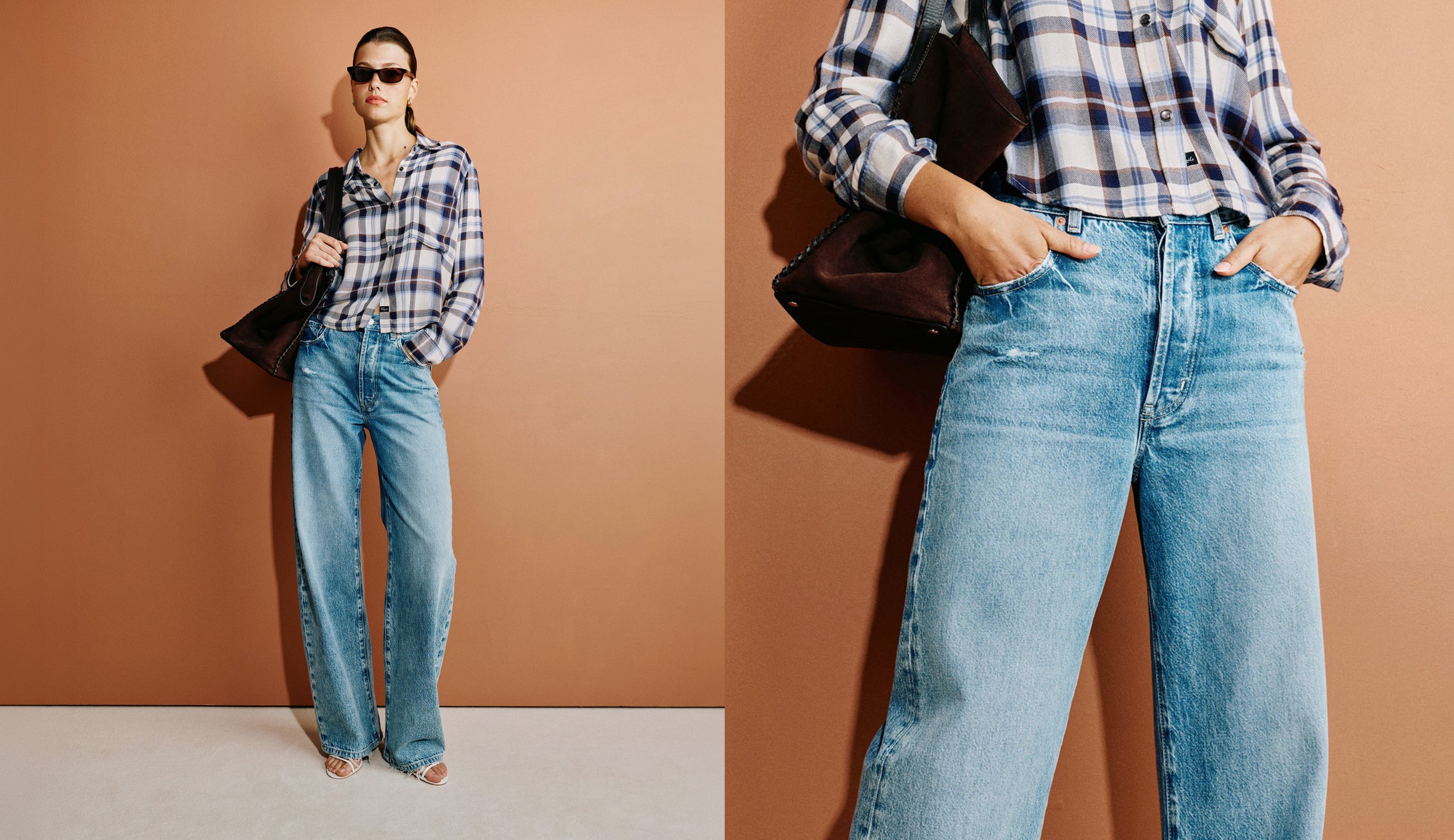 A model wearing a blue and white plaid flannel shirt, light-wash wide-leg blue jeans, and carrying a black shoulder bag, shown in a full-body shot and a close-up panel against a warm terracotta background.