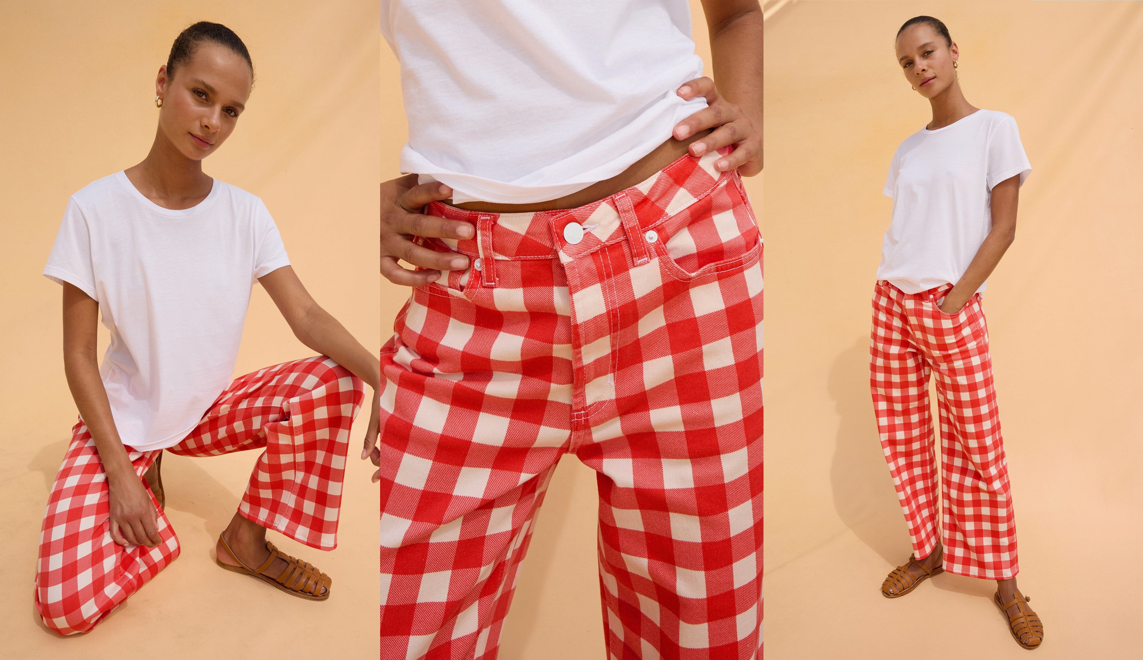 Woman wearing a white t-shirt and red checkered pants on a beige background