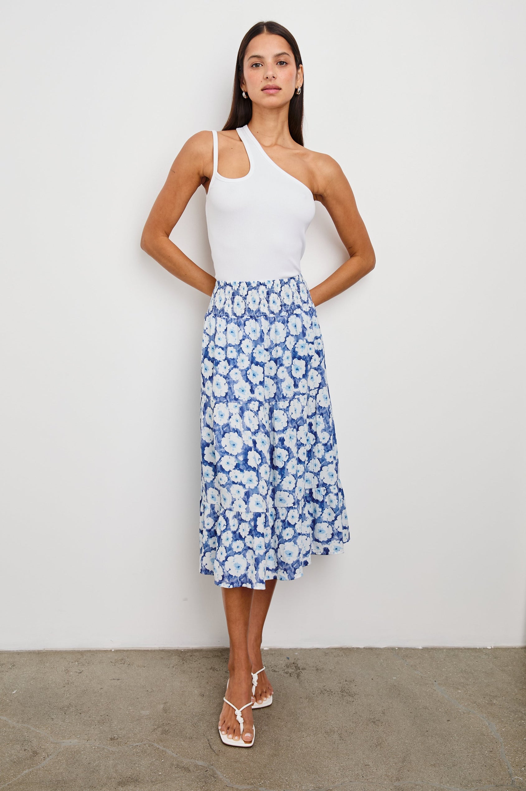 Edina Tiered Midi Skirt with Shirred High-Rise Waistline in Blue Floral Colorway, Blues and White - Front Full Body View Featured on Model