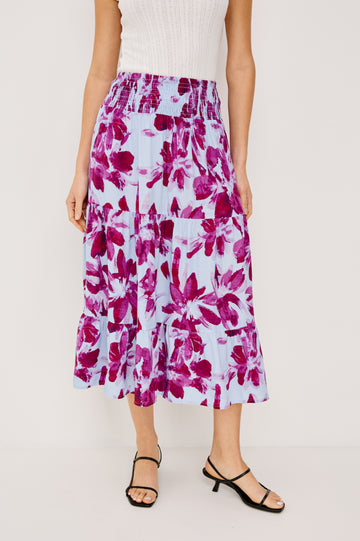 Edina Tiered Midi Skirt with Shirred High-Rise Waistline in Blue Lily Colorway, Blues and White - Front View Featured on Model