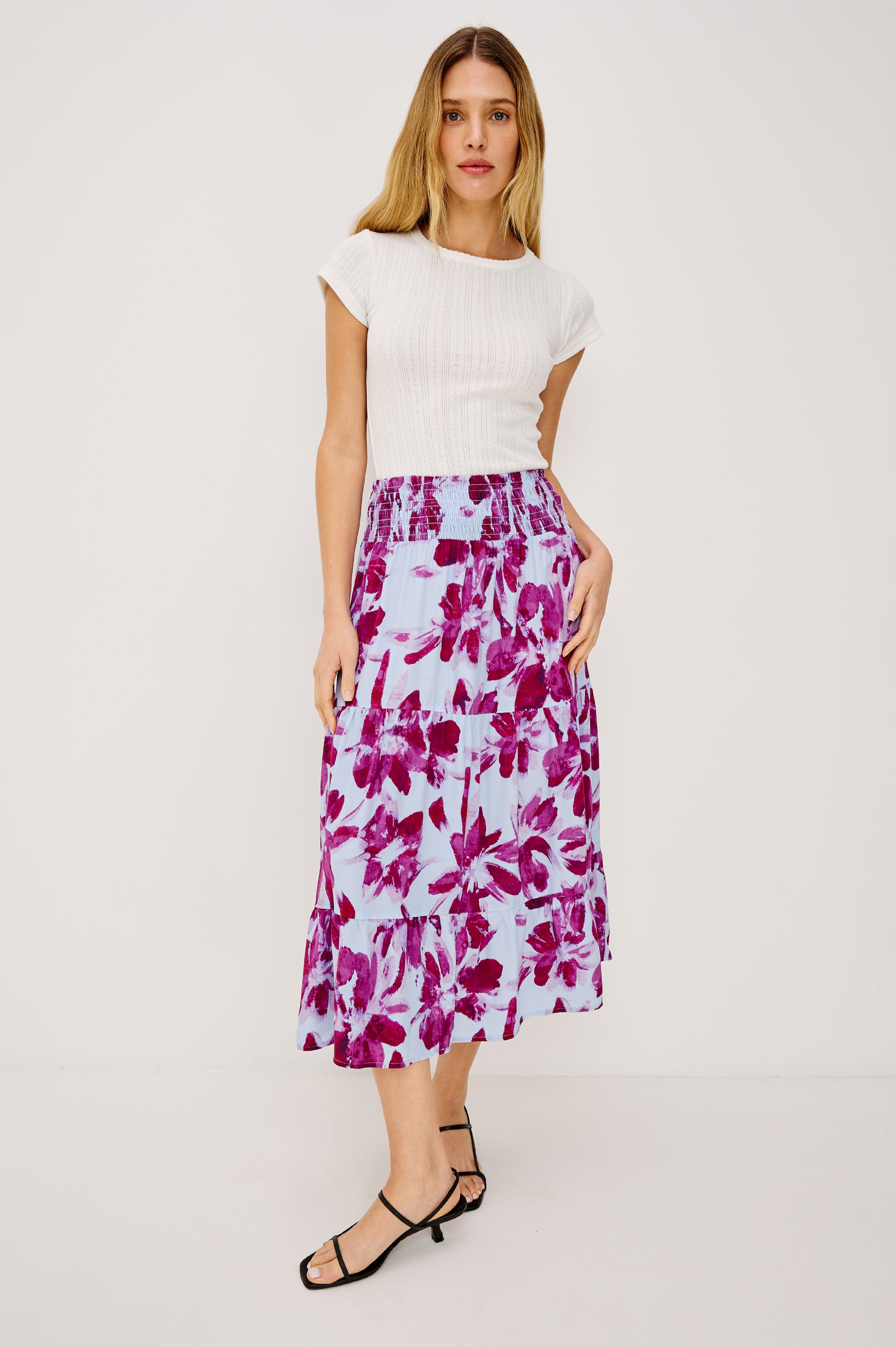 Edina Tiered Midi Skirt with Shirred High-Rise Waistline in Blue Lily Colorway, Blues and White - Front View Featured on Model