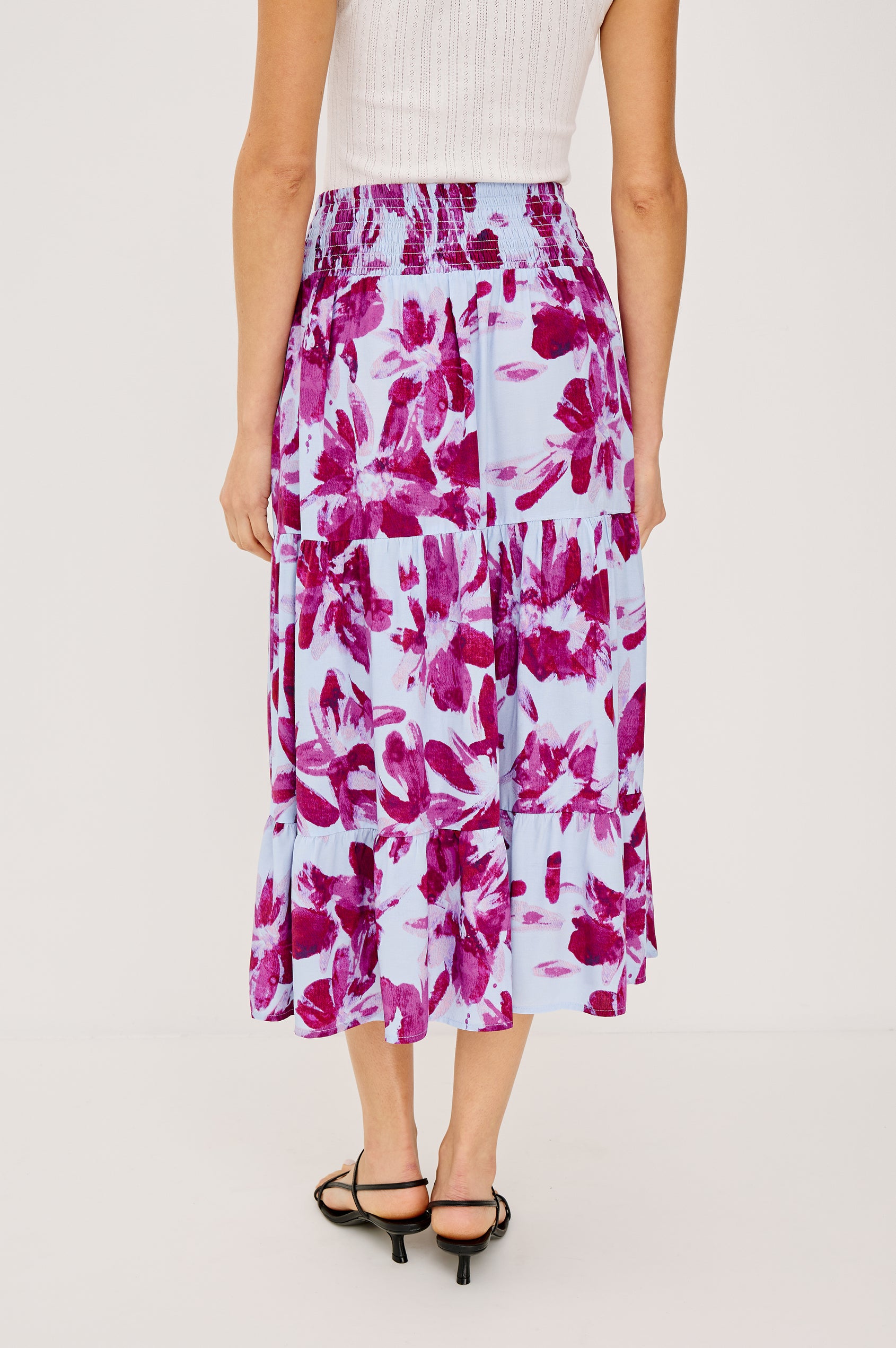Edina Tiered Midi Skirt with Shirred High-Rise Waistline in Blue Lily Colorway, Blues and White - Back View Featured on Model
