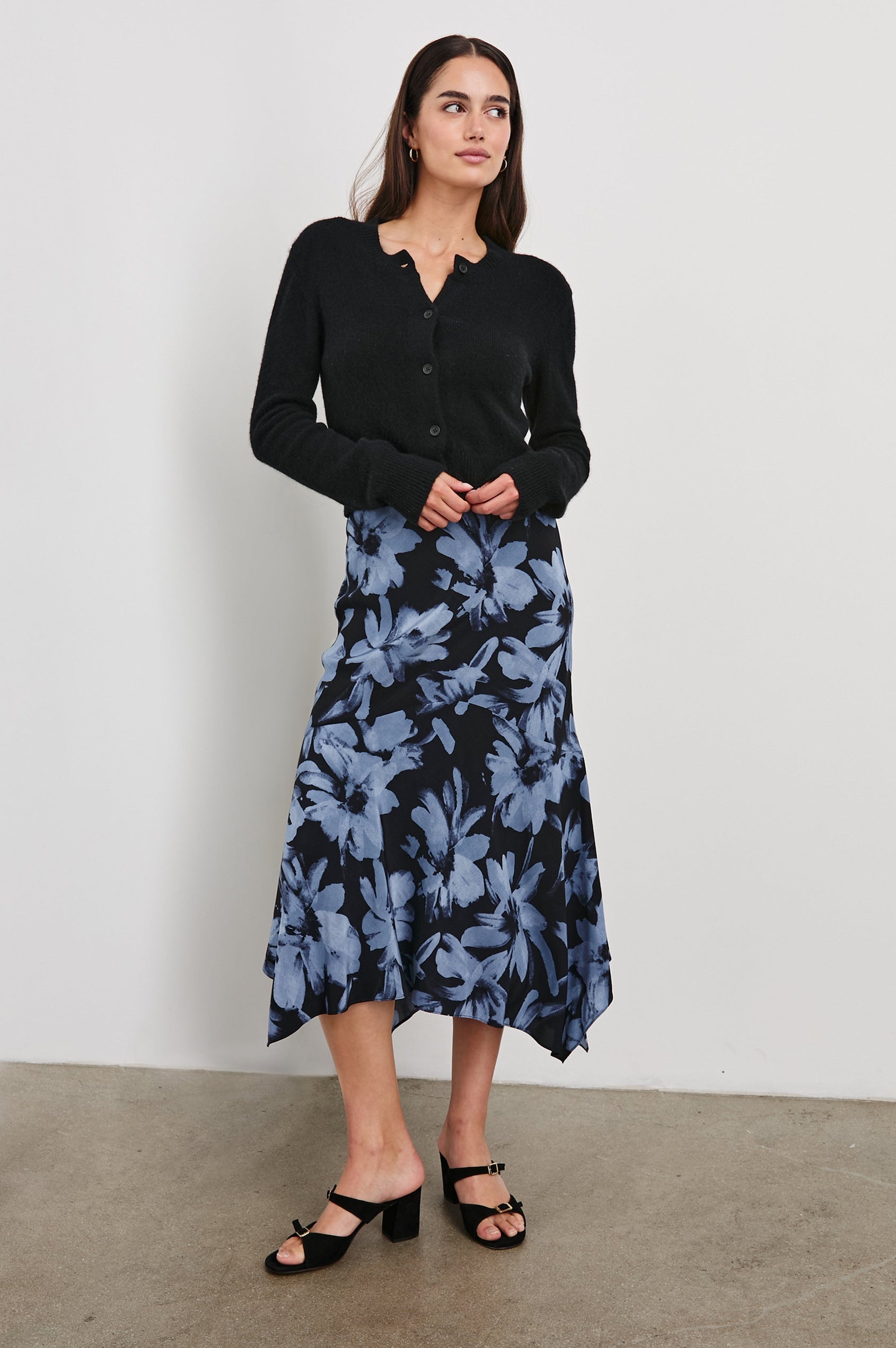 Edwina Midi Skirt with a Handkerchief Hem in Midnight Lily Colorway, Blue Lillies on Midnight - Front Full Body View Featured on Model