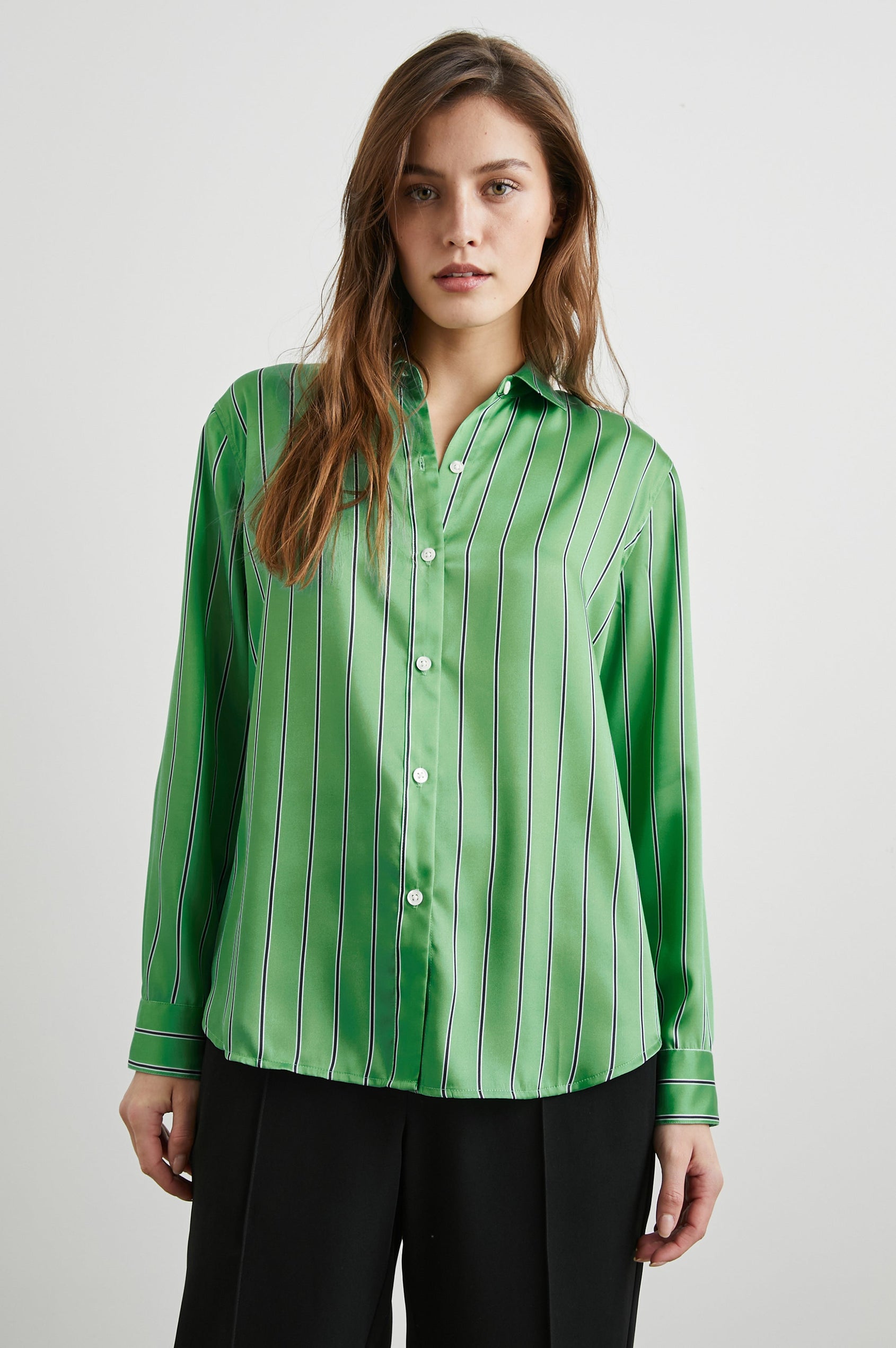 Elias Long Sleeve Button Up in Basil Stripe Colorway, White and Black Vertical Stripes on Basil - Front View Featured on Model
