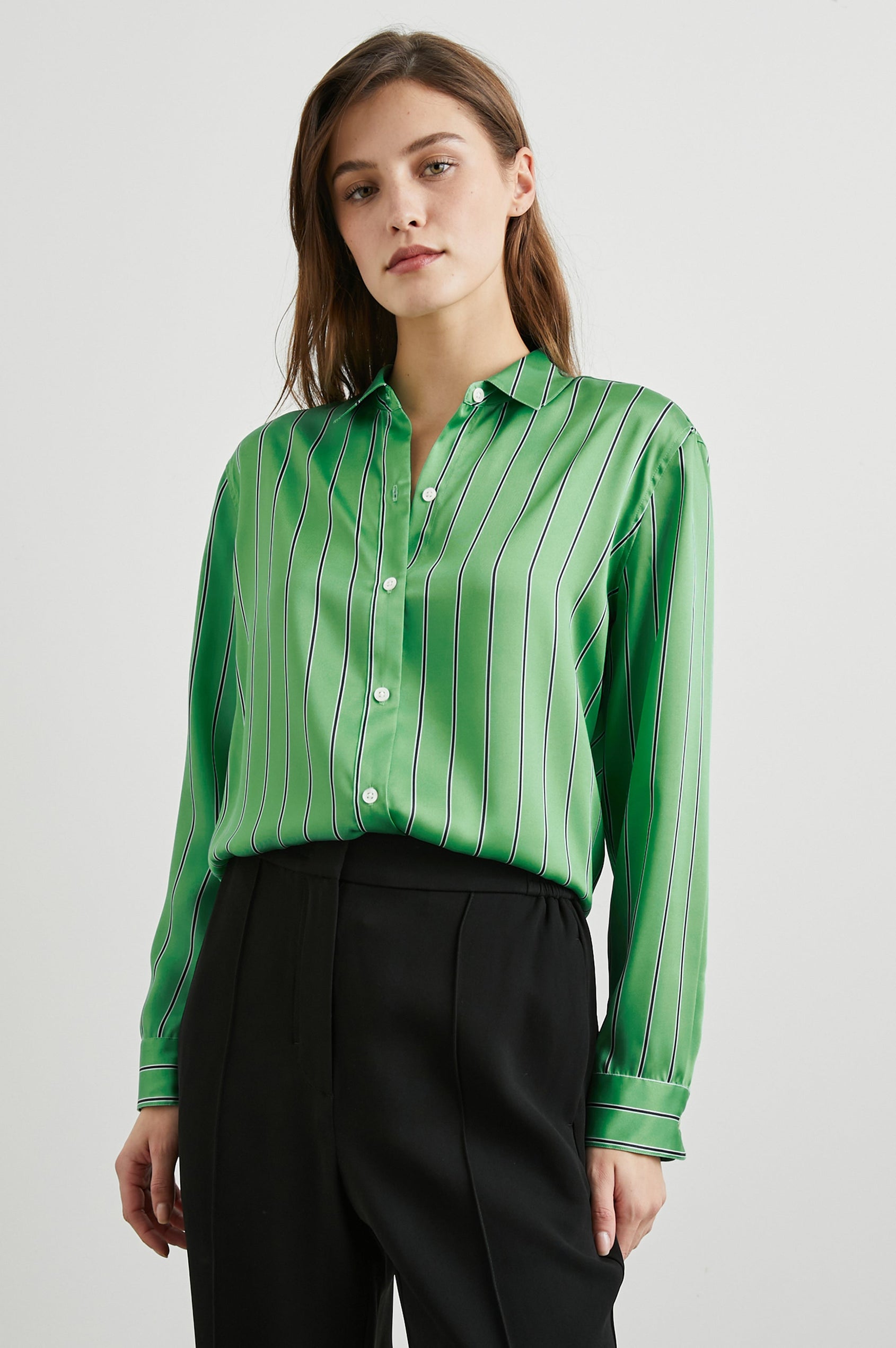 Elias Long Sleeve Button Up in Basil Stripe Colorway, White and Black Vertical Stripes on Basil - Front View Featured on Model
