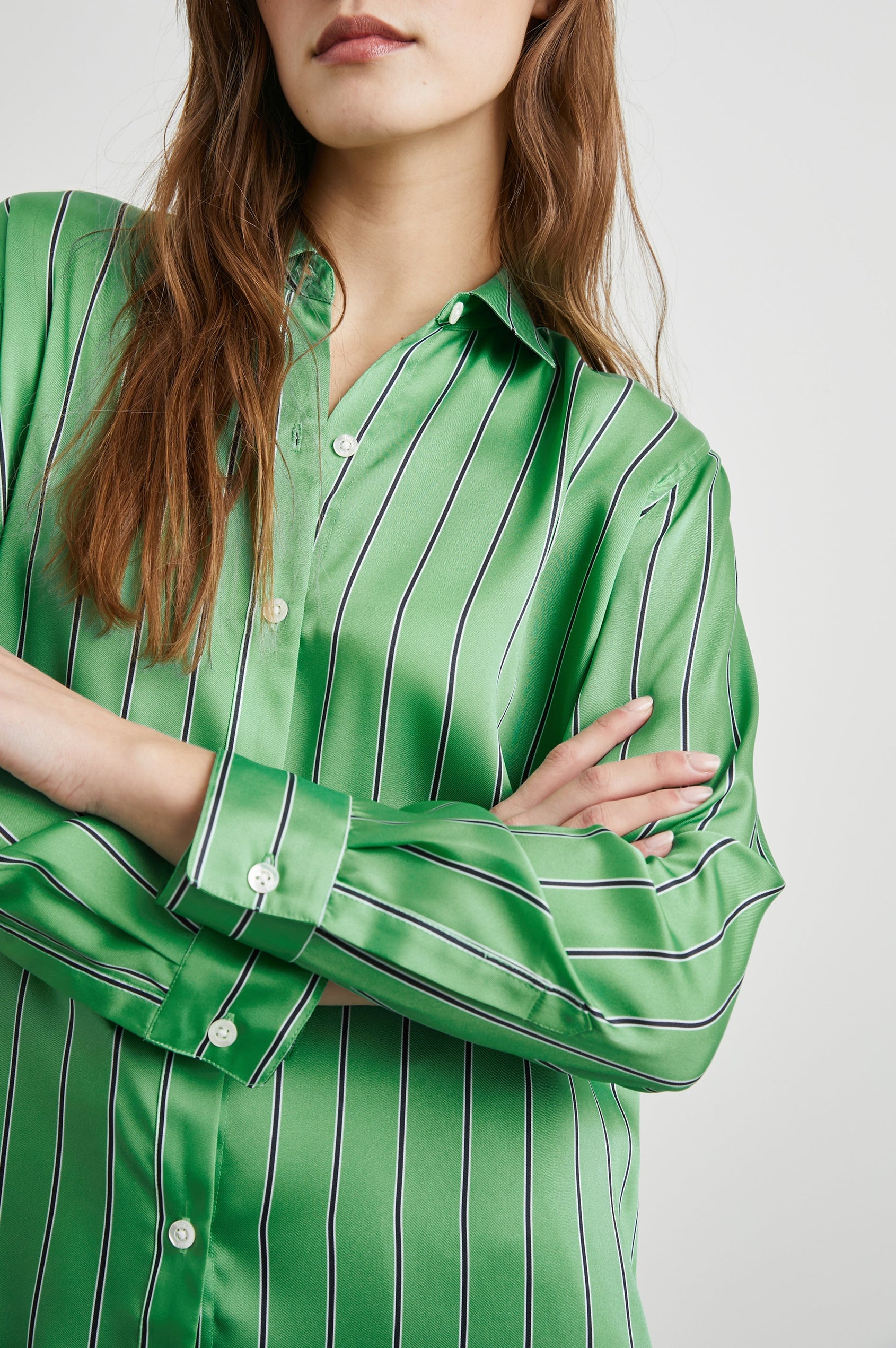 Elias Long Sleeve Button Up in Basil Stripe Colorway, White and Black Vertical Stripes on Basil - Front View Featured on Model