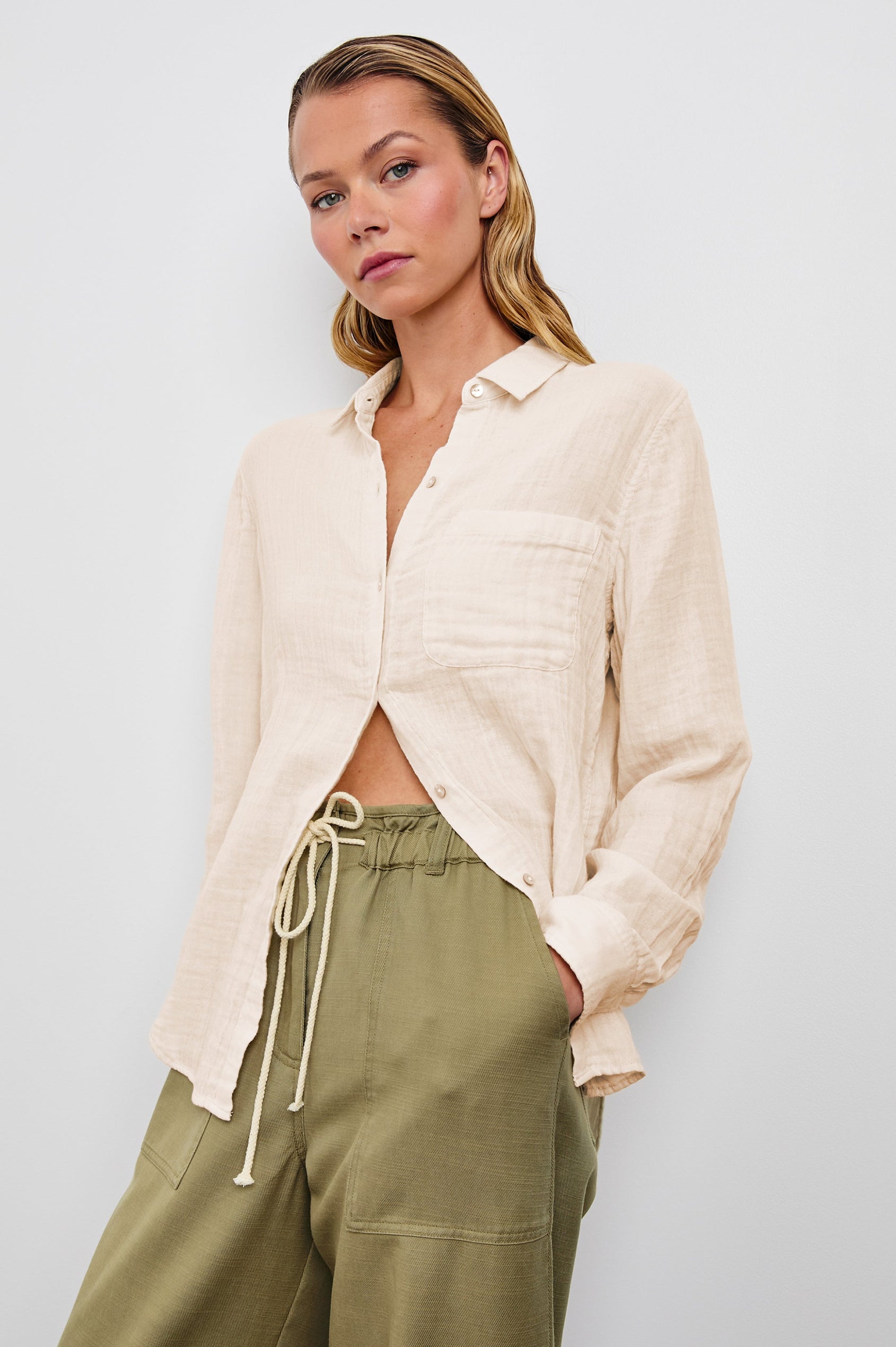 Ellis Long-Sleeve Button Down with Chest Patch Pocket in Birch Colorway - Front Untucked View Featured on Model