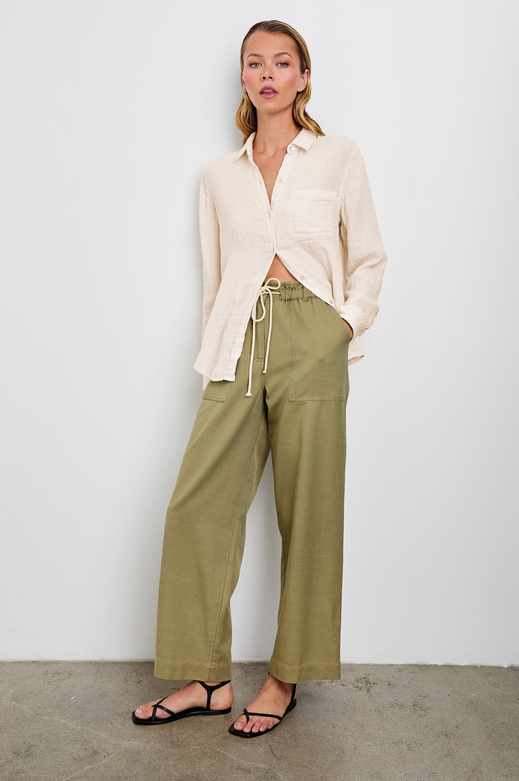 Ellis Long-Sleeve Button Down with Chest Patch Pocket in Birch Colorway - Front Untucked Full Body View Featured on Model