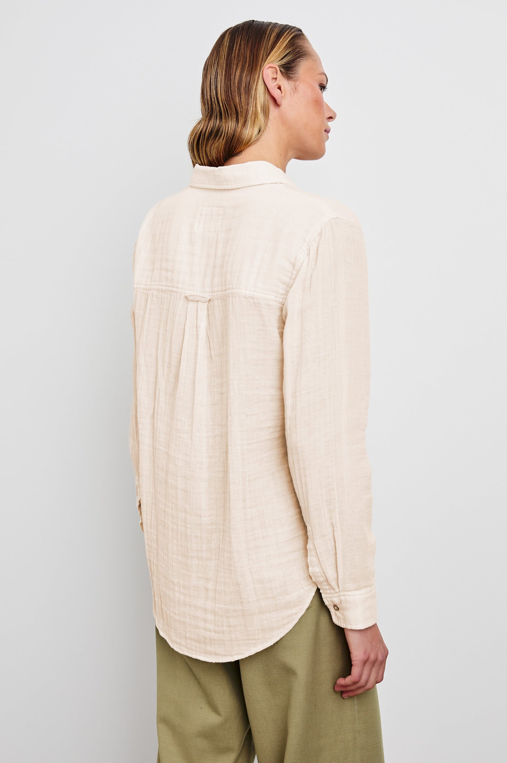 Ellis Long-Sleeve Button Down with Chest Patch Pocket in Birch Colorway - Back Untucked View Featured on Model
