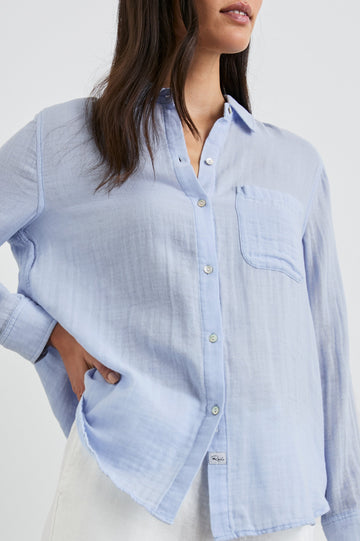 Ellis Long-Sleeve Button Down with Cuffs and a Patch Chest Pocket in Bluebell Colorway - Front Untucked View Featured on Model