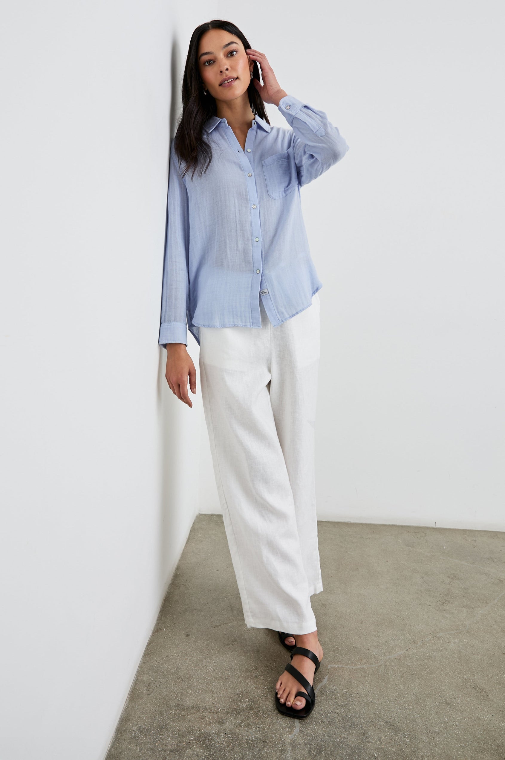 Ellis Long-Sleeve Button Down with Cuffs and a Patch Chest Pocket in Bluebell Colorway - Front Untucked Full Body View Featured on Model